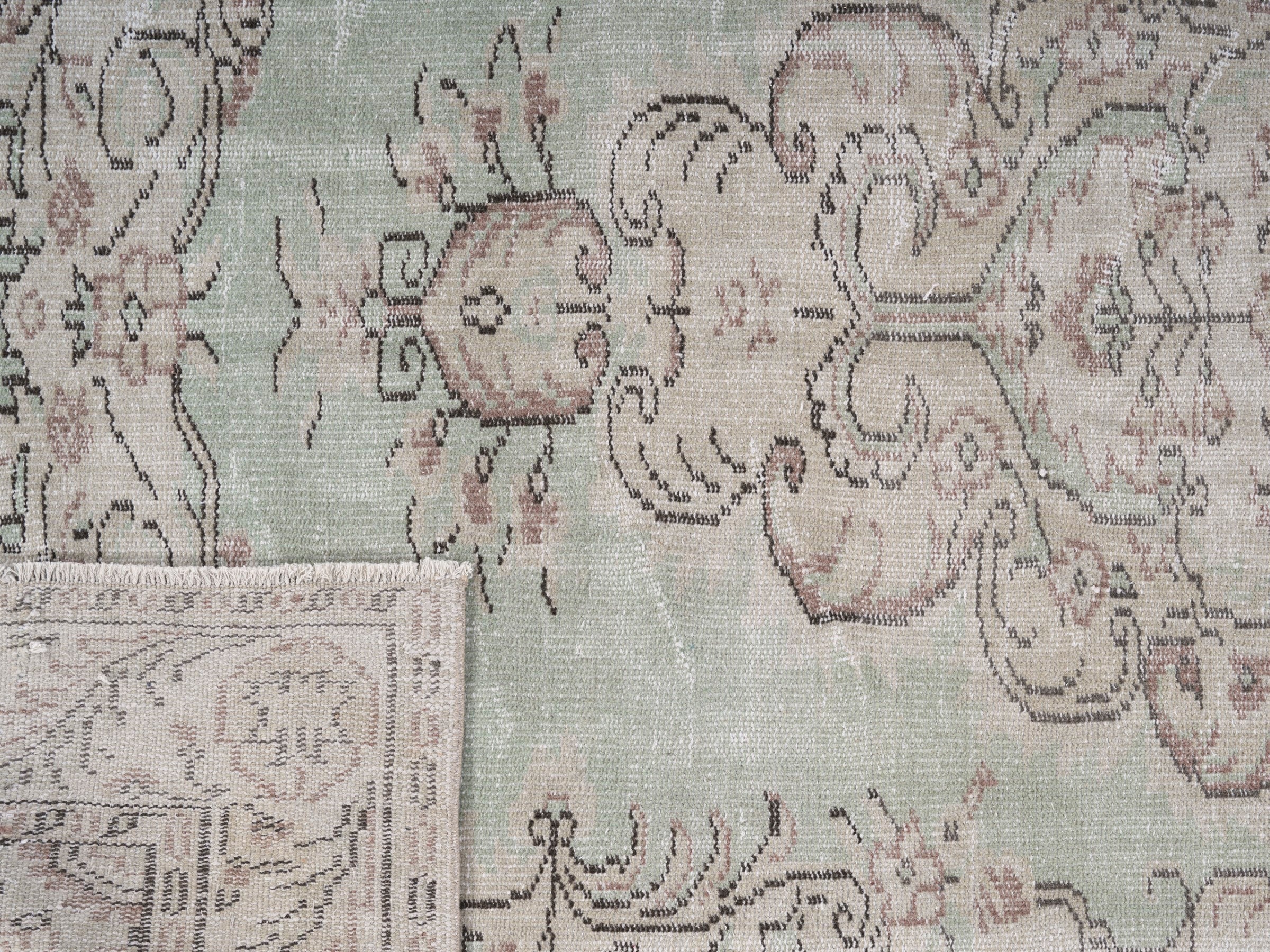 Turkish Manisa area rug in sage and faded red, view 10 of 10