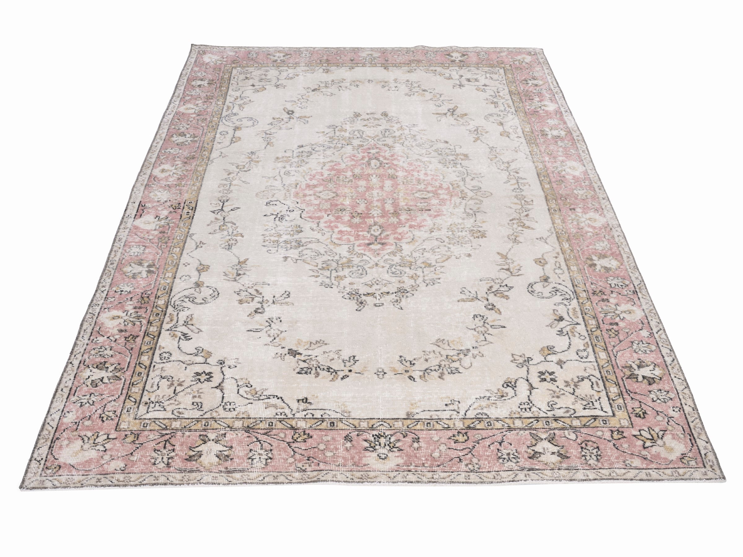 Turkish Isparta area rug in cream and muted pink, view 2 of 10