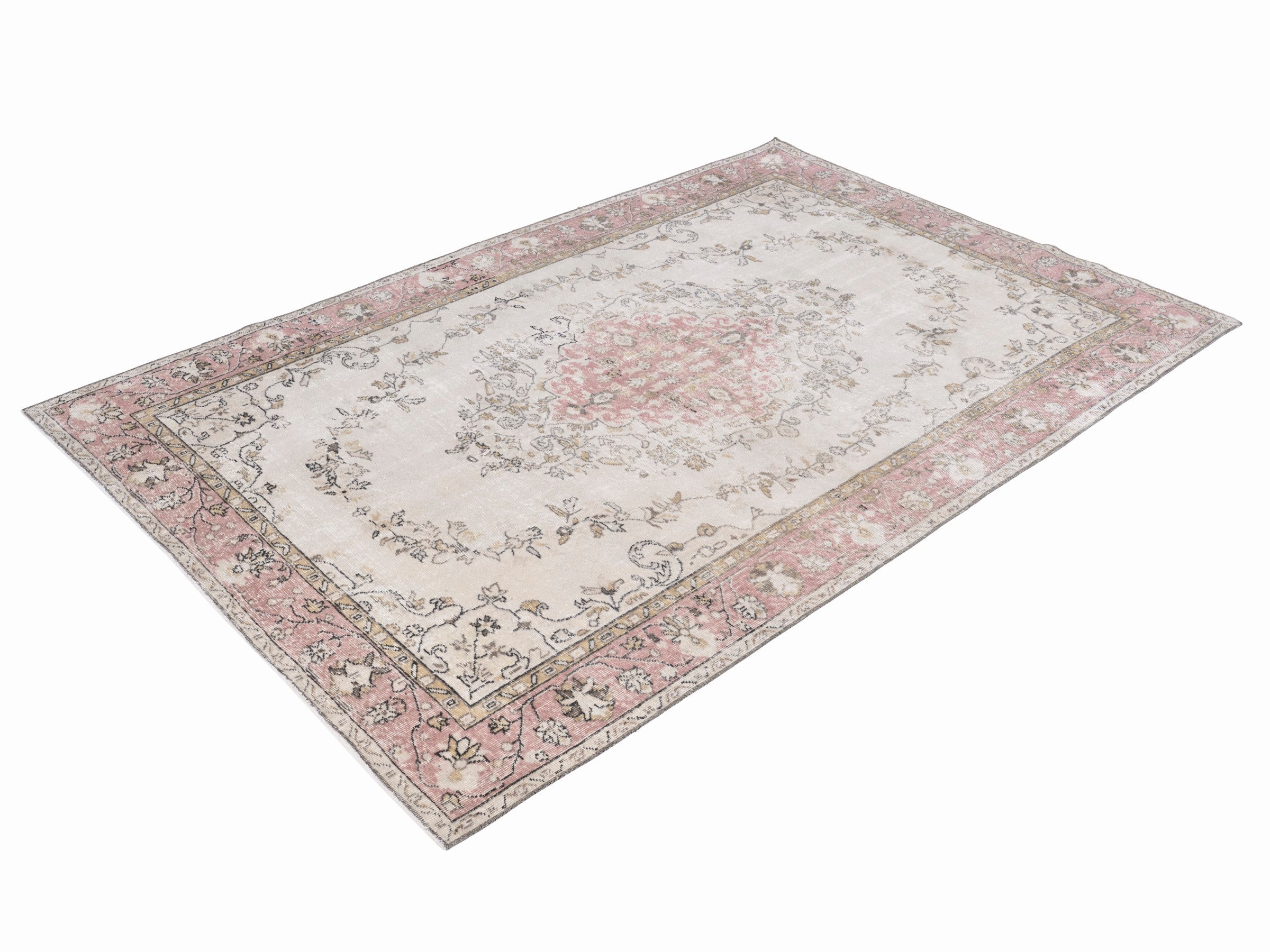 Turkish Isparta area rug in cream and muted pink, view 3 of 10