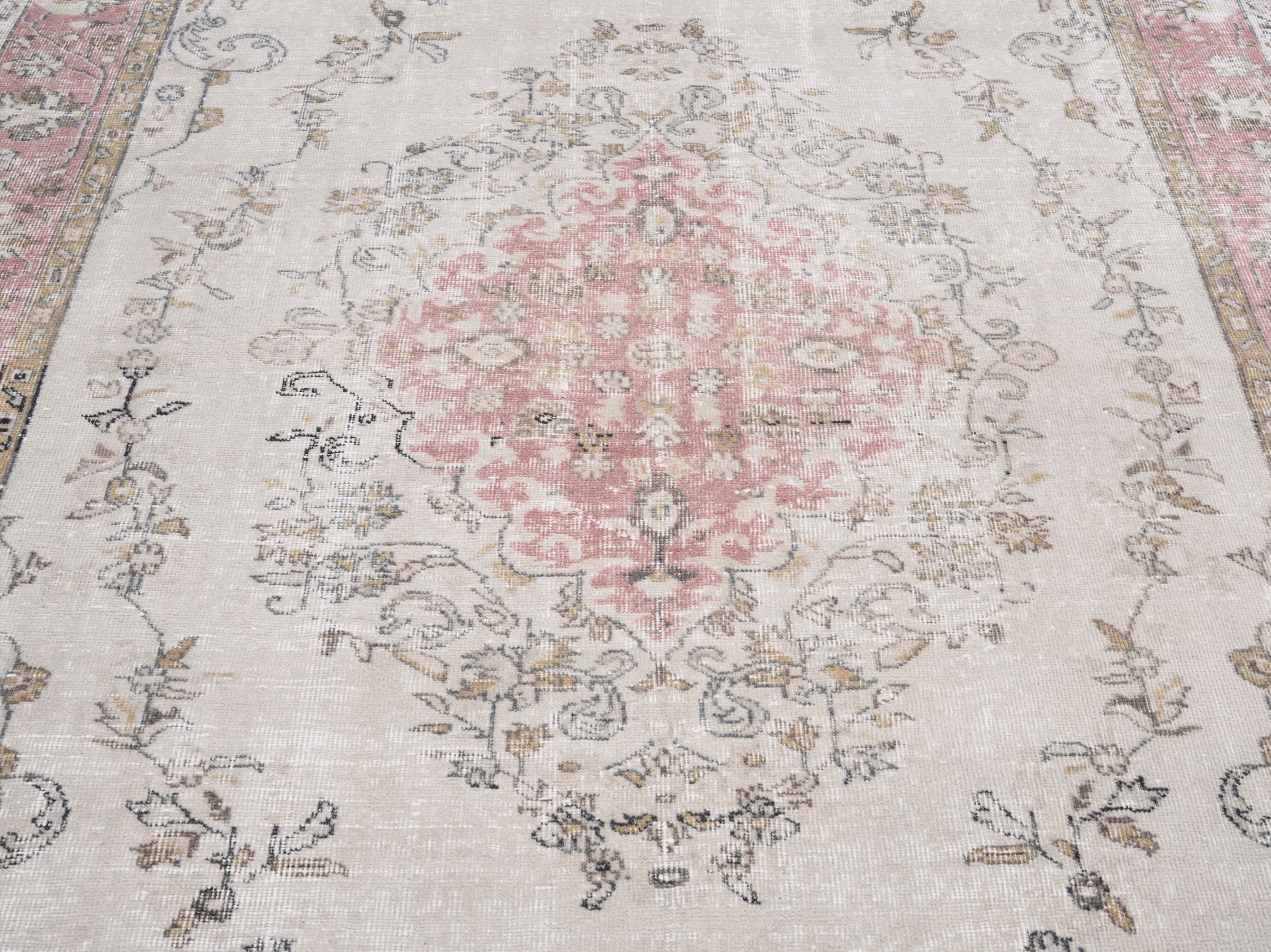 Turkish Isparta area rug in cream and muted pink, view 4 of 10