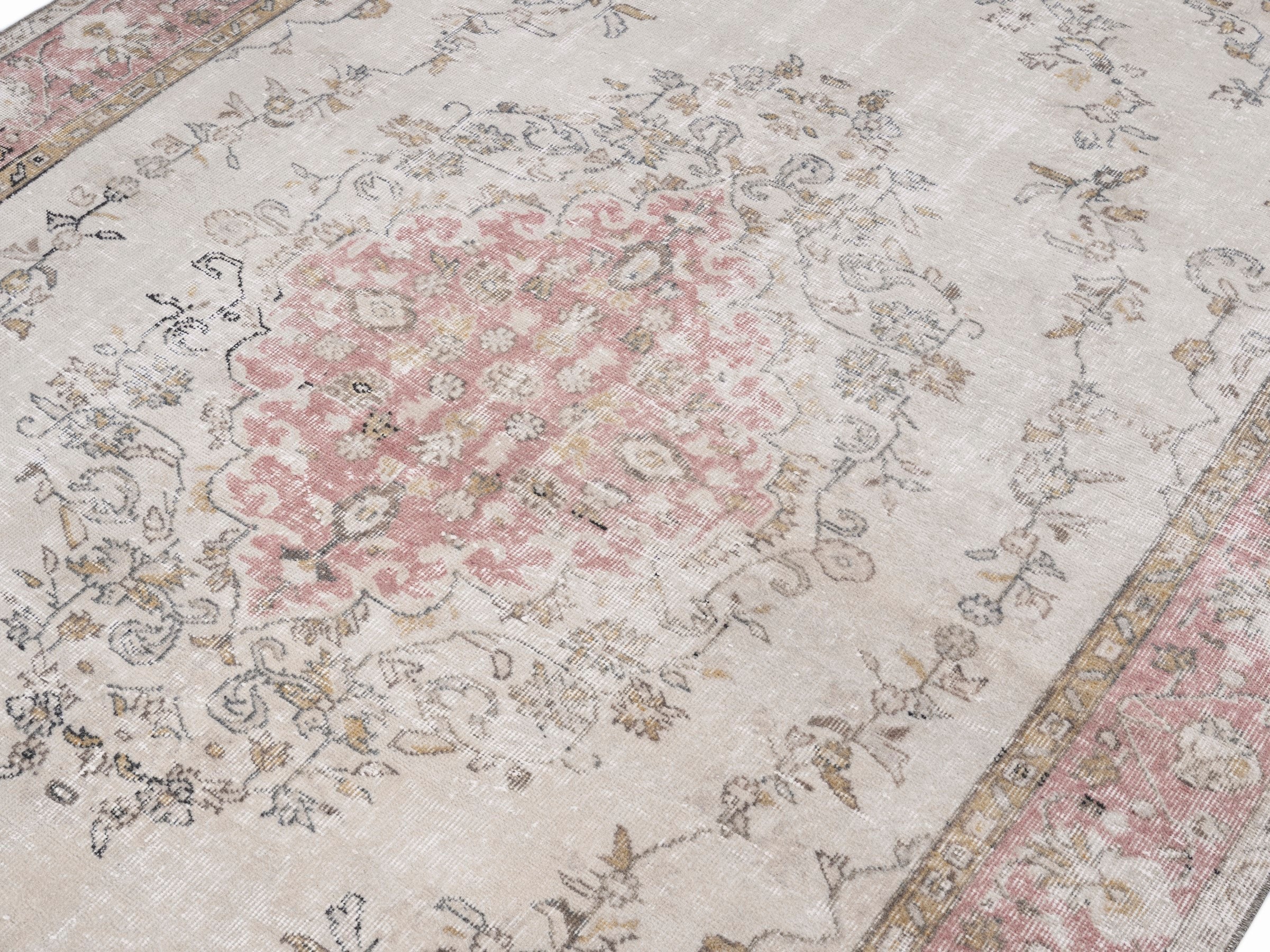 Turkish Isparta area rug in cream and muted pink, view 5 of 10