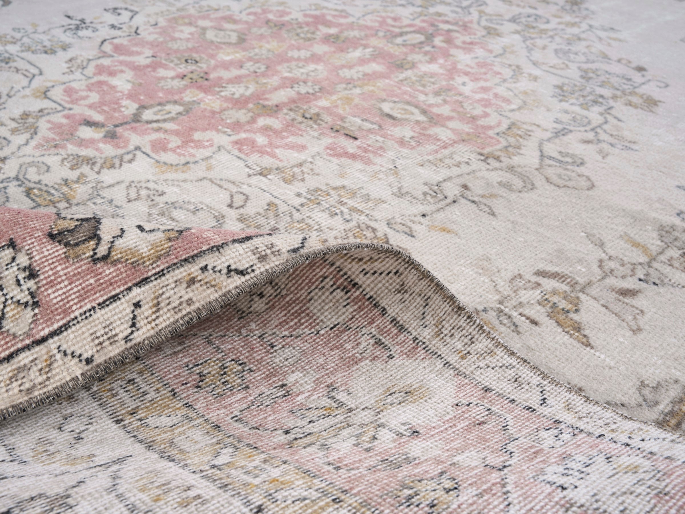 Turkish Isparta area rug in cream and muted pink, view 9 of 10