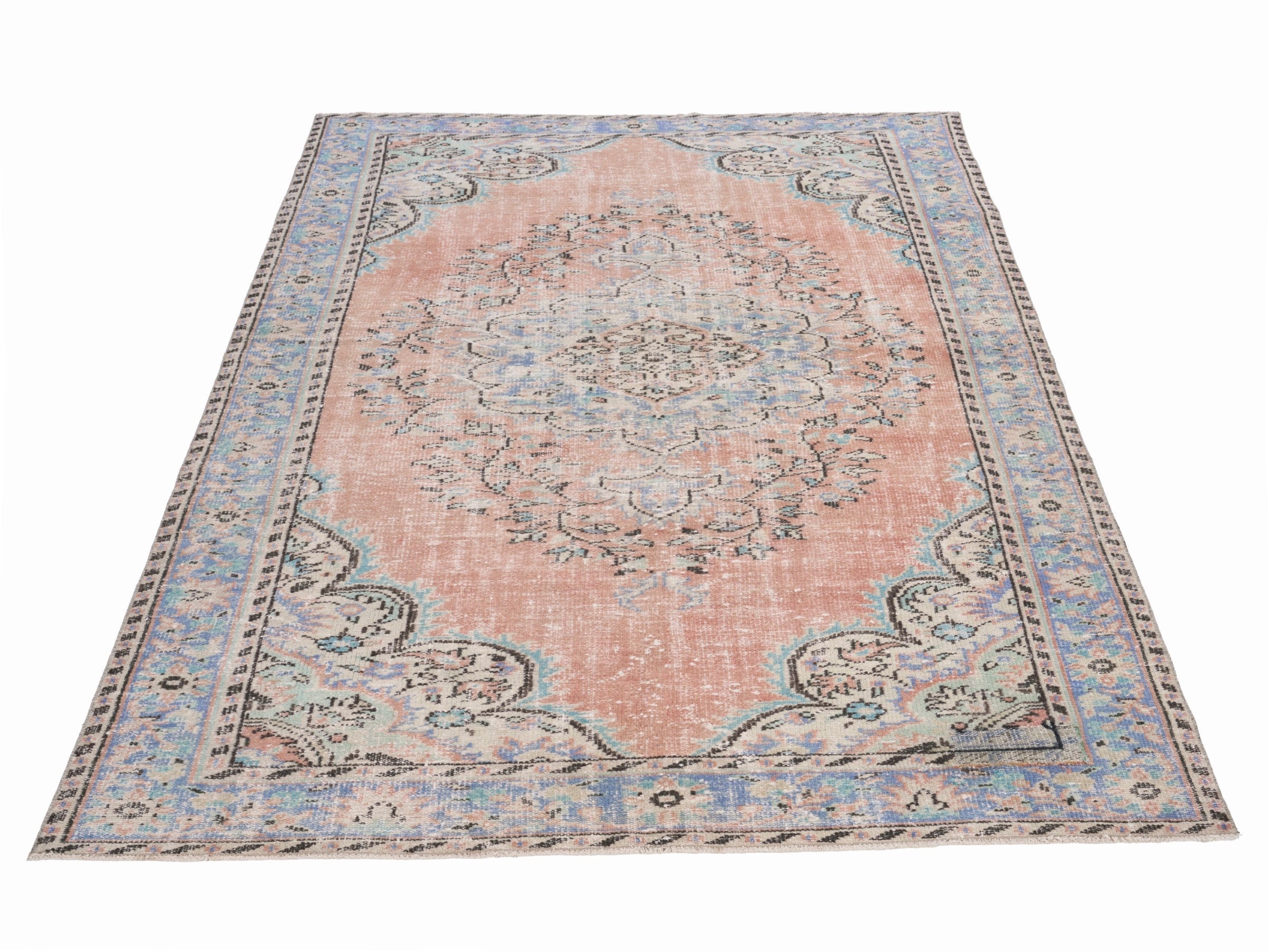 Turkish Manisa area rug in terracotta and denim, view 2 of 10