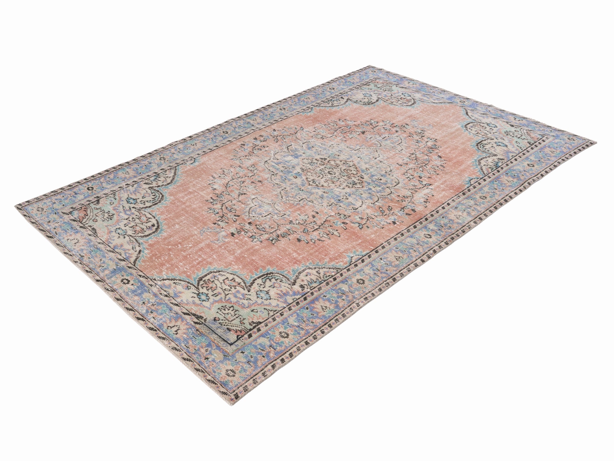 Turkish Manisa area rug in terracotta and denim, view 3 of 10