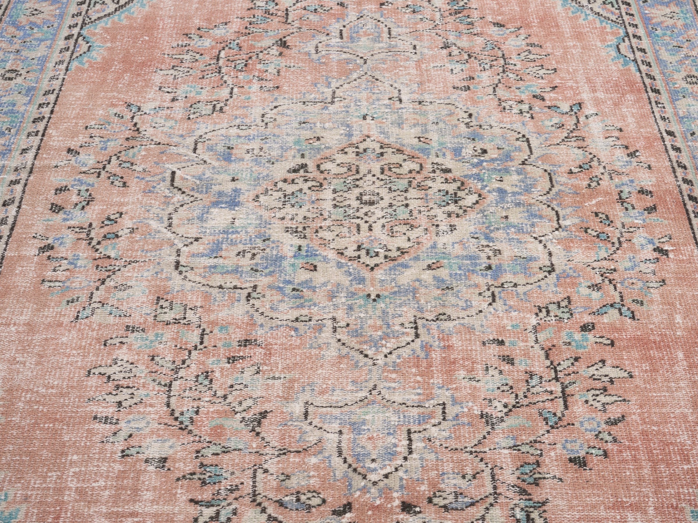 Turkish Manisa area rug in terracotta and denim, view 4 of 10