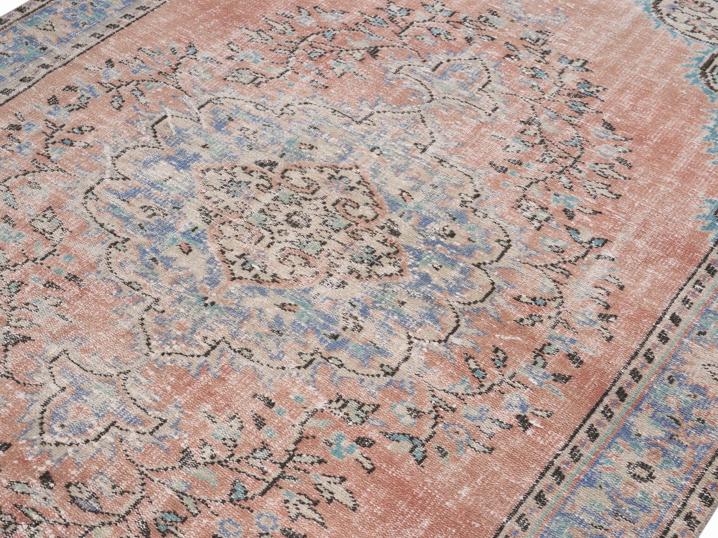 Turkish Manisa area rug in terracotta and denim, view 5 of 10