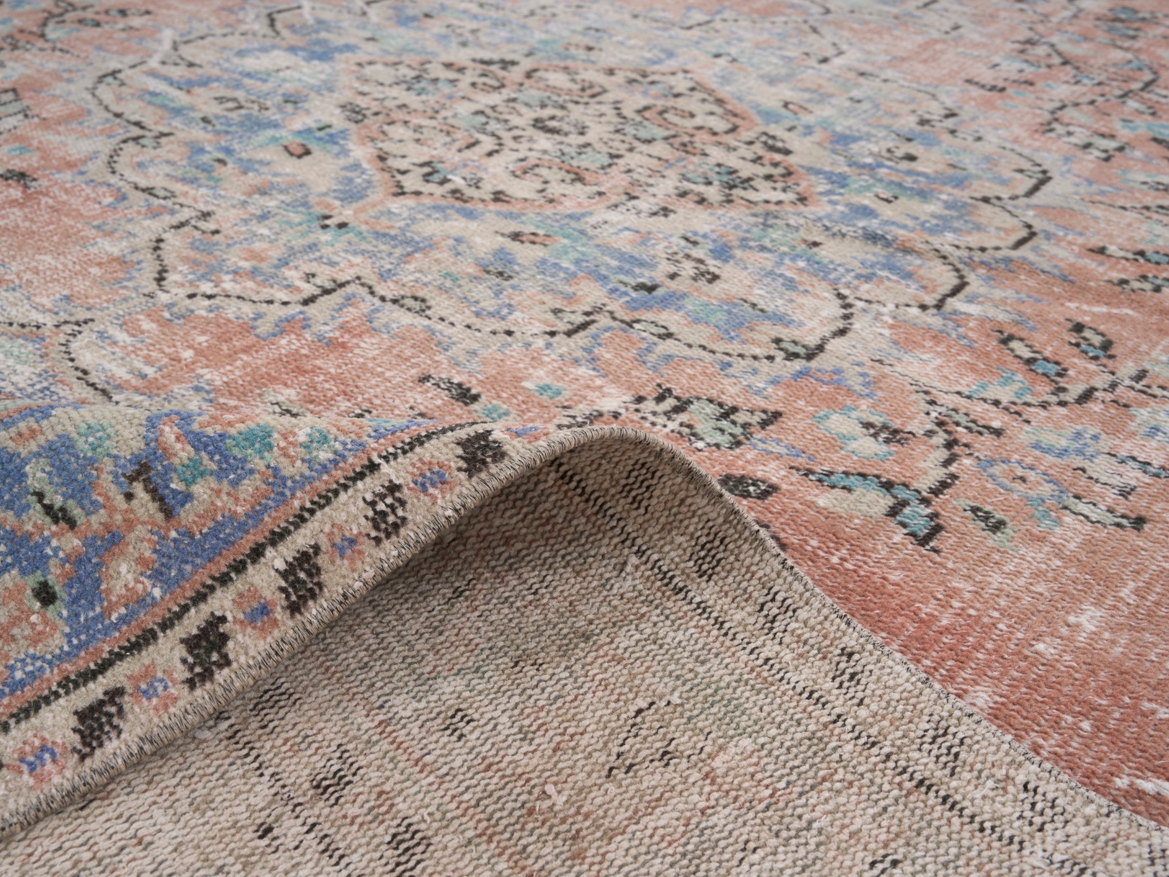Turkish Manisa area rug in terracotta and denim, view 9 of 10