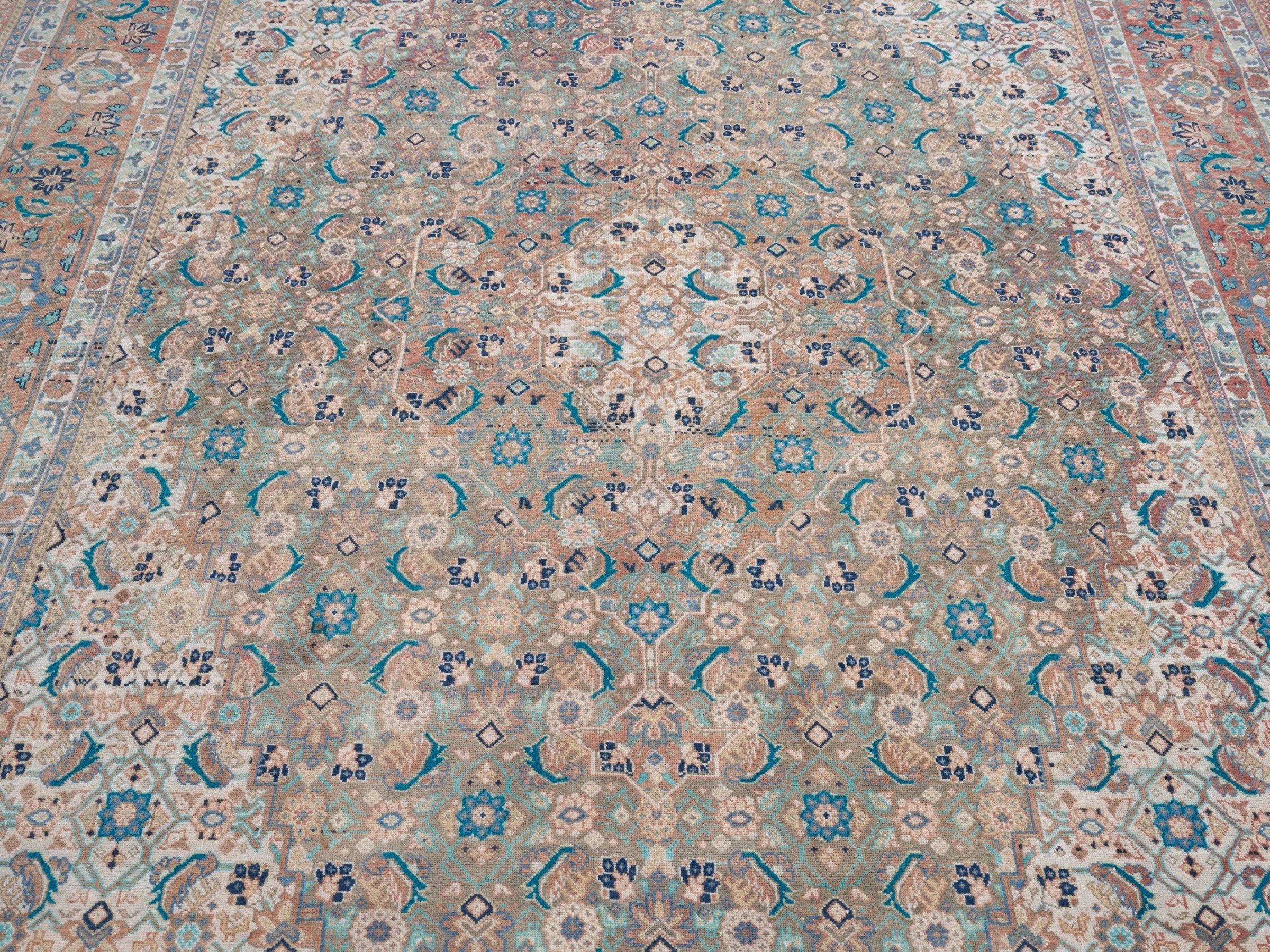 Persian Hamedan oversized rug in blue gray and rust, view 4 of 15