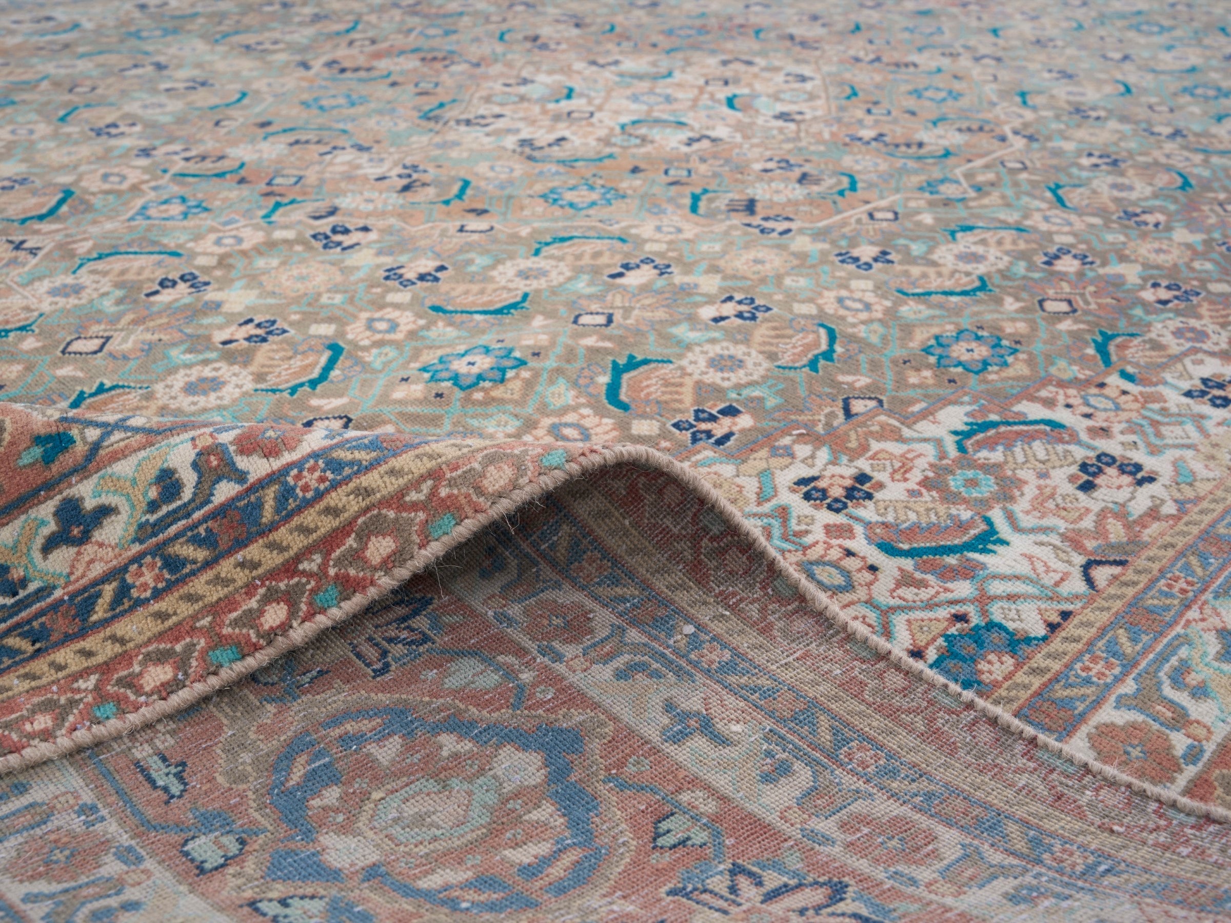 Persian Hamedan oversized rug in blue gray and rust, view 14 of 15