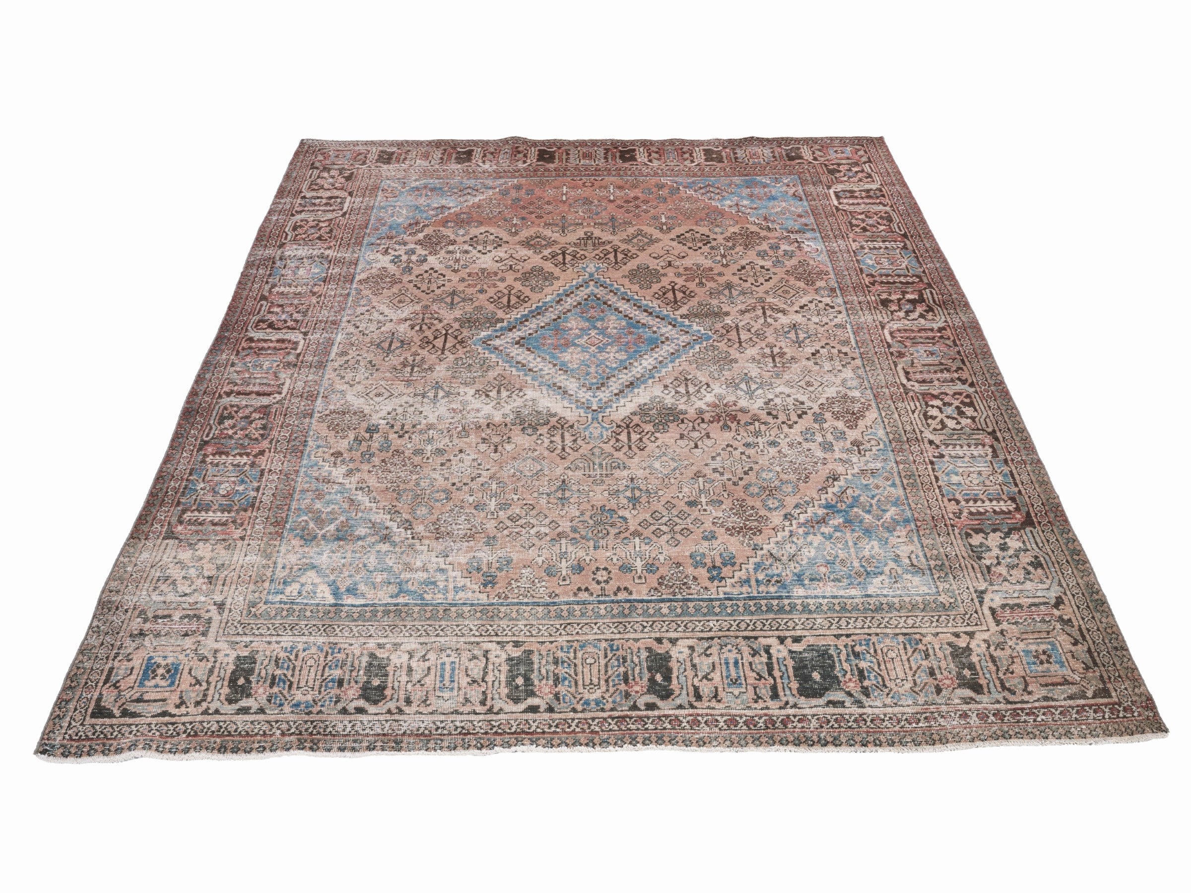 Persian Joshaghan area rug in terracotta and denim, view 2 of 15