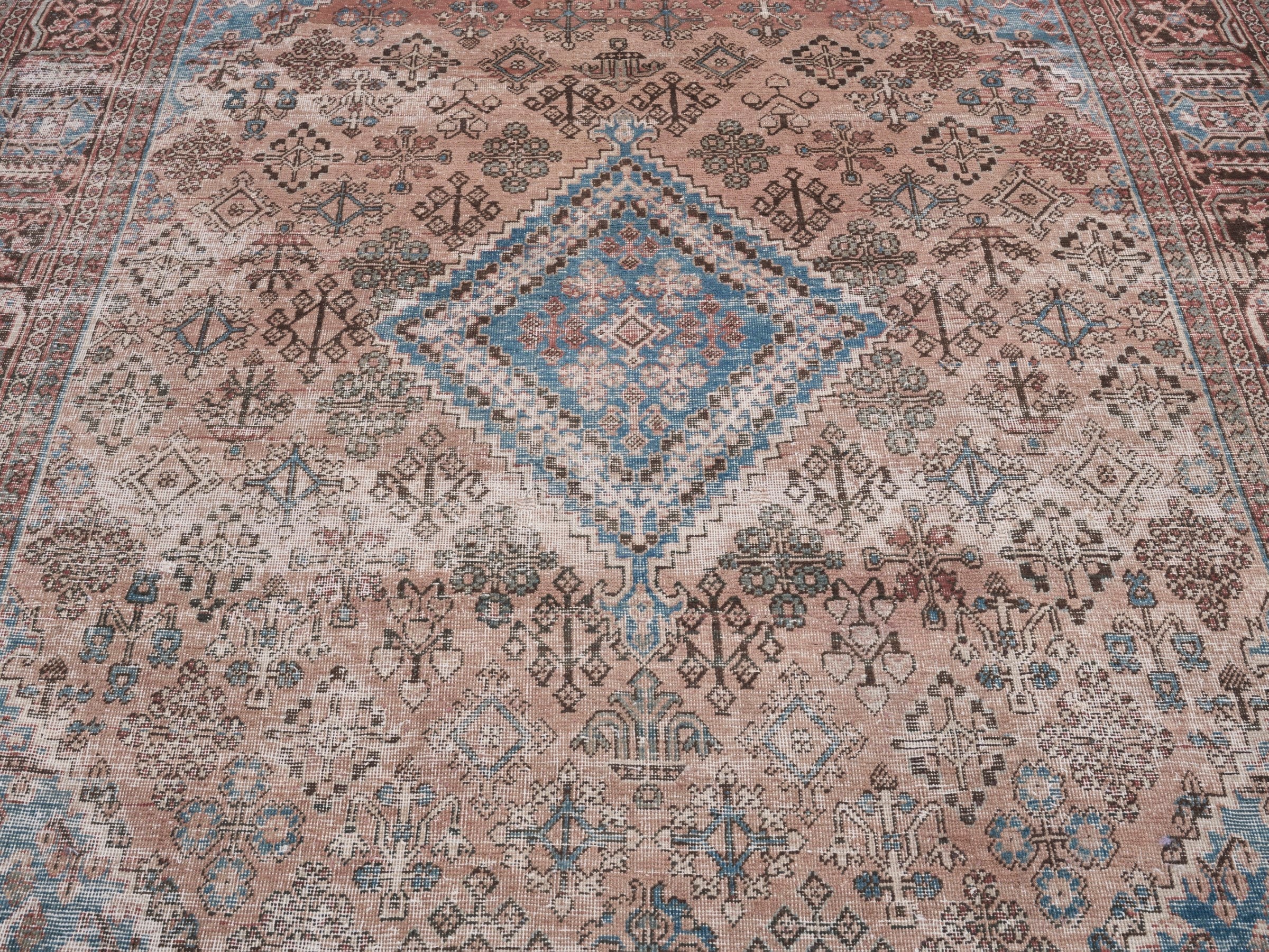 Persian Joshaghan area rug in terracotta and denim, view 4 of 15