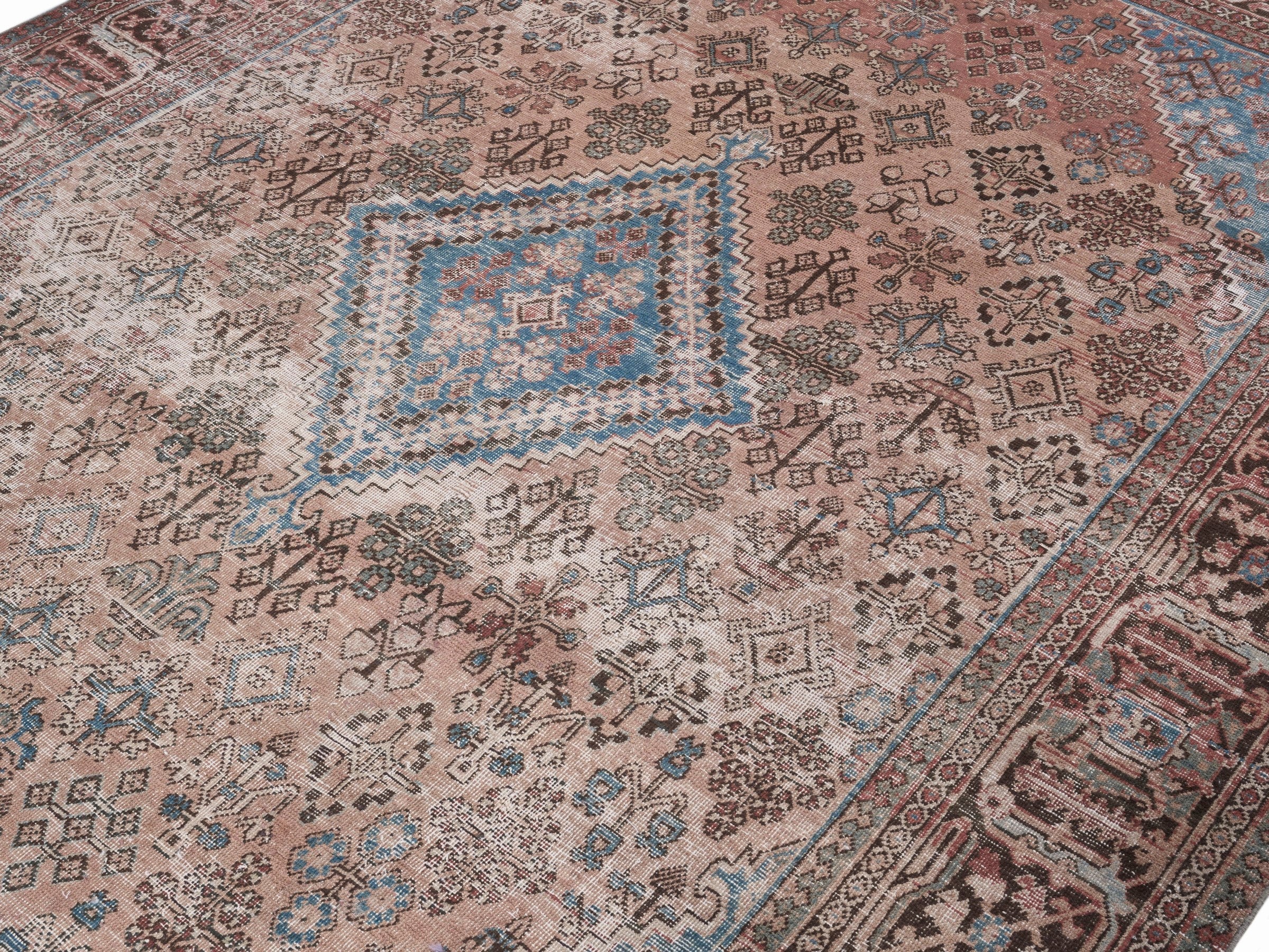 Persian Joshaghan area rug in terracotta and denim, view 5 of 15