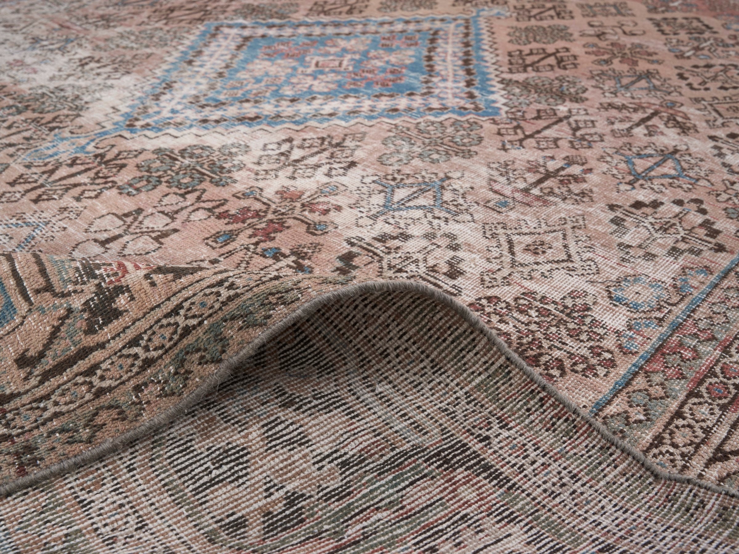 Persian Joshaghan area rug in terracotta and denim, view 14 of 15