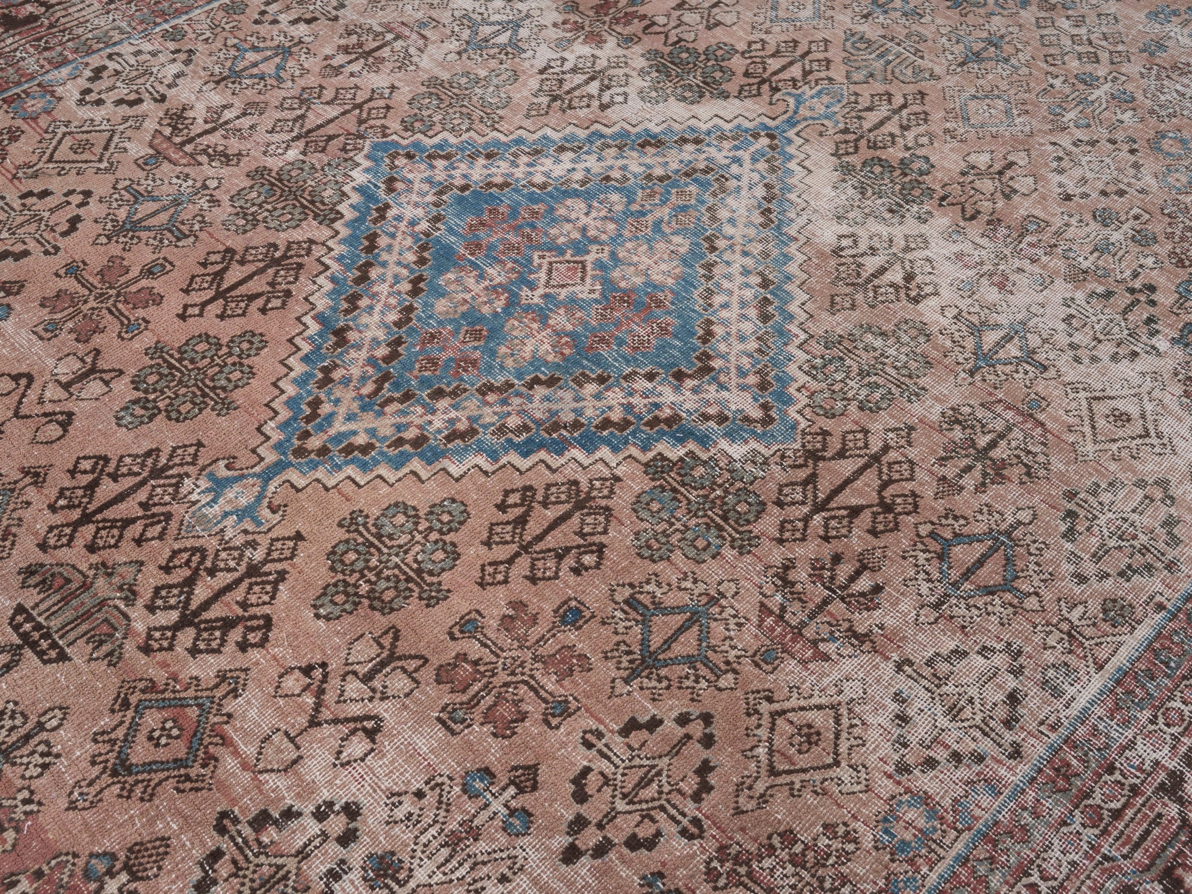 Persian Joshaghan area rug in terracotta and denim, view 9 of 15