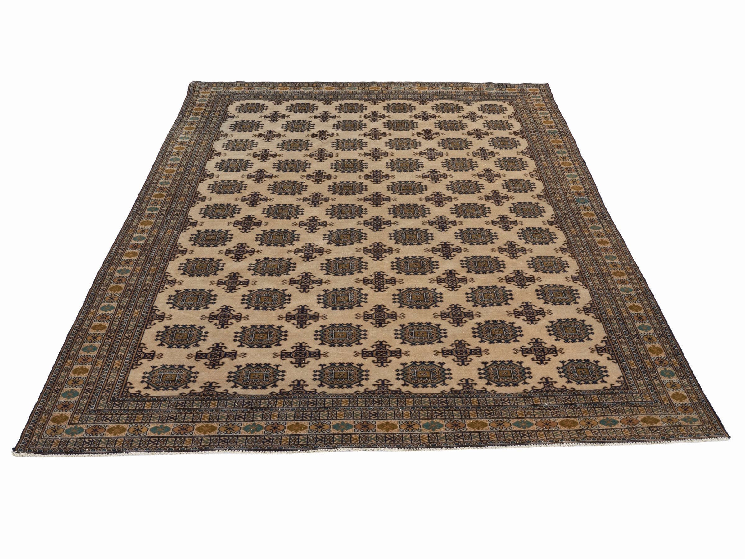 Persian Torkaman area rug in cream and navy, view 2 of 15