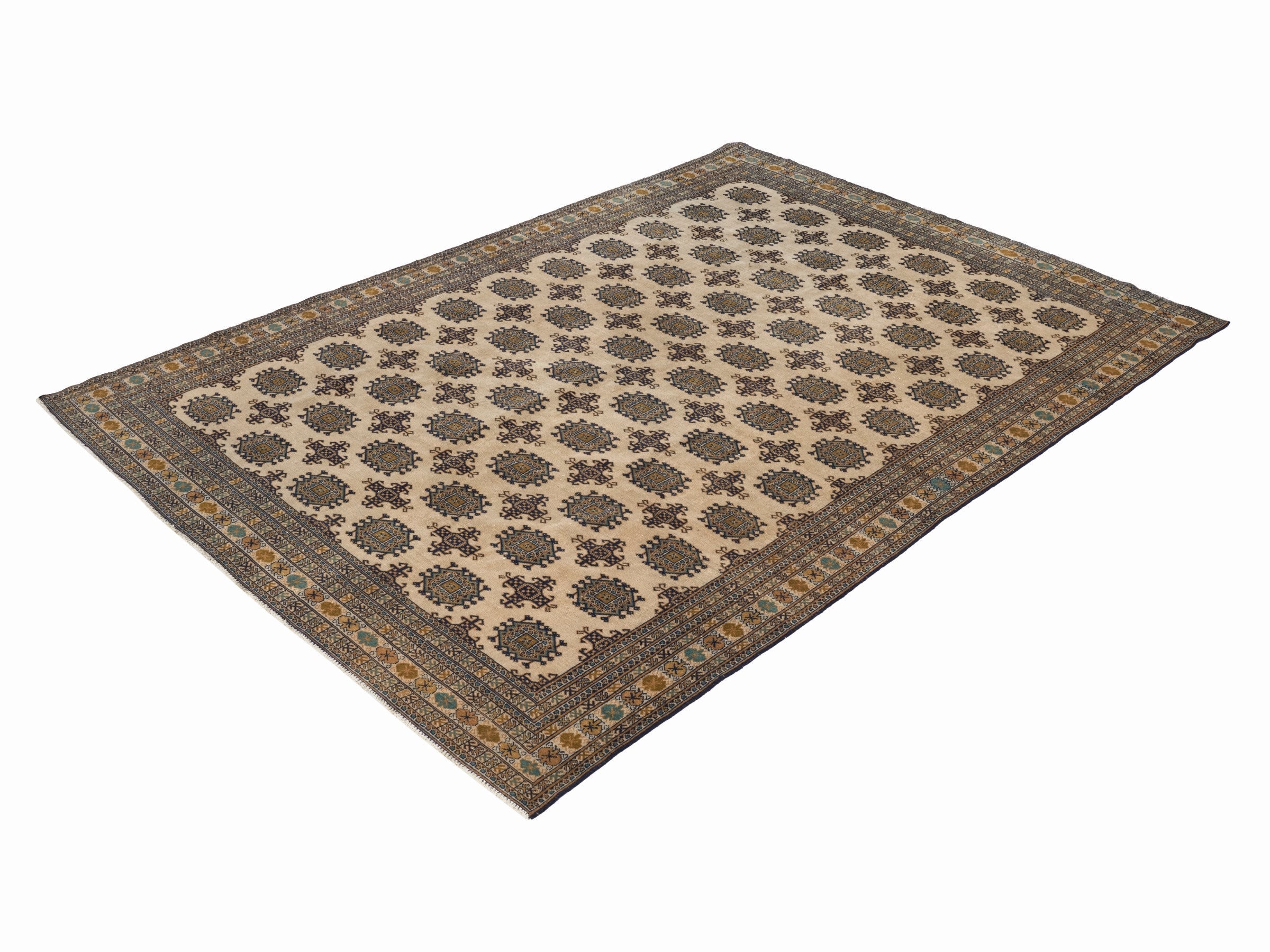 Persian Torkaman area rug in cream and navy, view 3 of 15