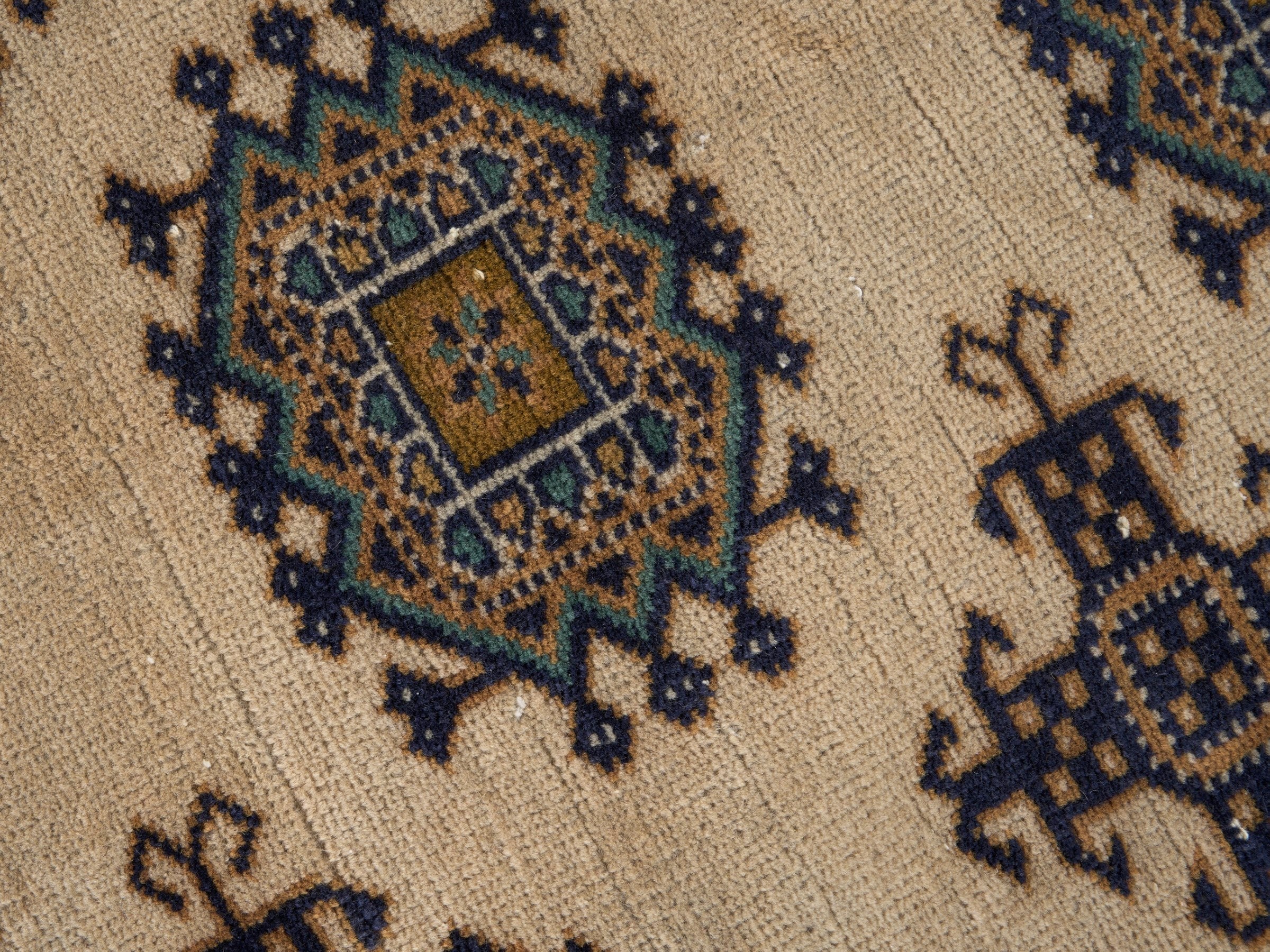 Persian Torkaman area rug in cream and navy, view 7 of 15