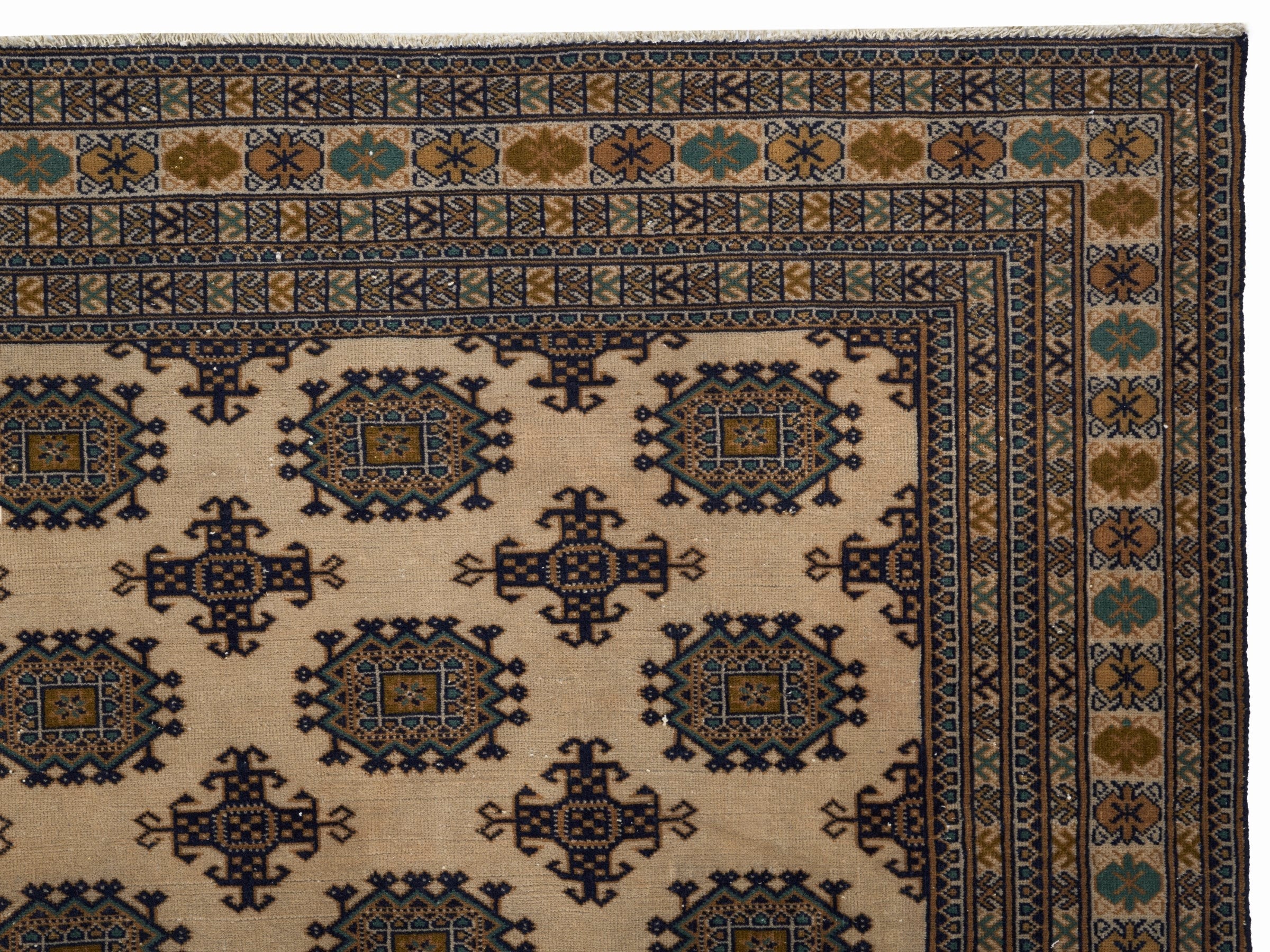 Persian Torkaman area rug in cream and navy, view 8 of 15
