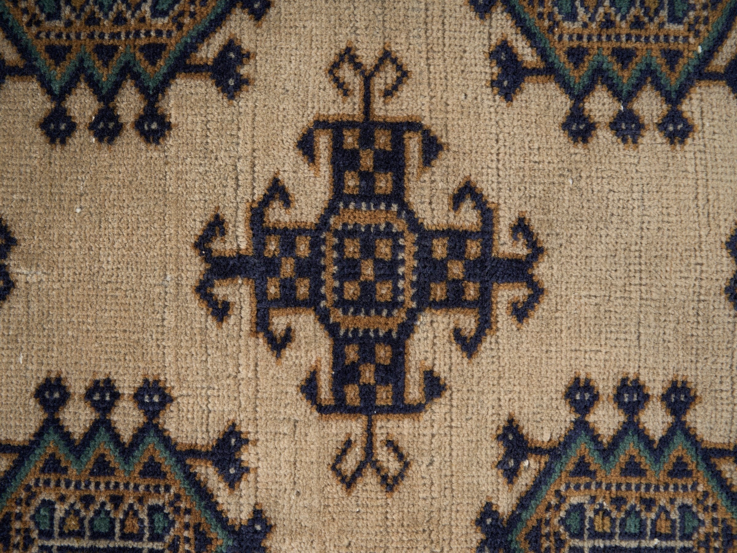 Persian Torkaman area rug in cream and navy, view 9 of 15