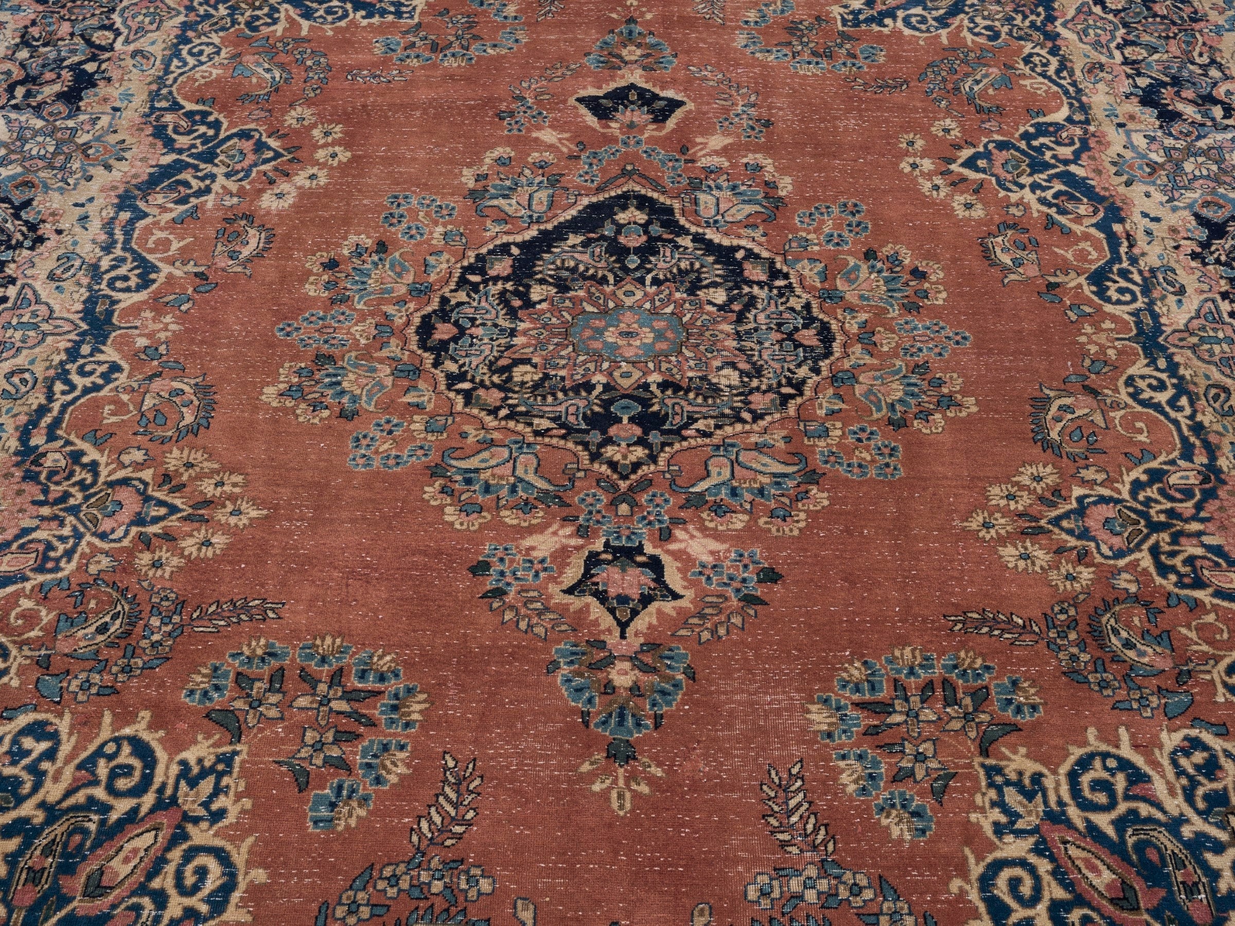 Persian Kerman oversized rug in terracotta and navy, view 4 of 15