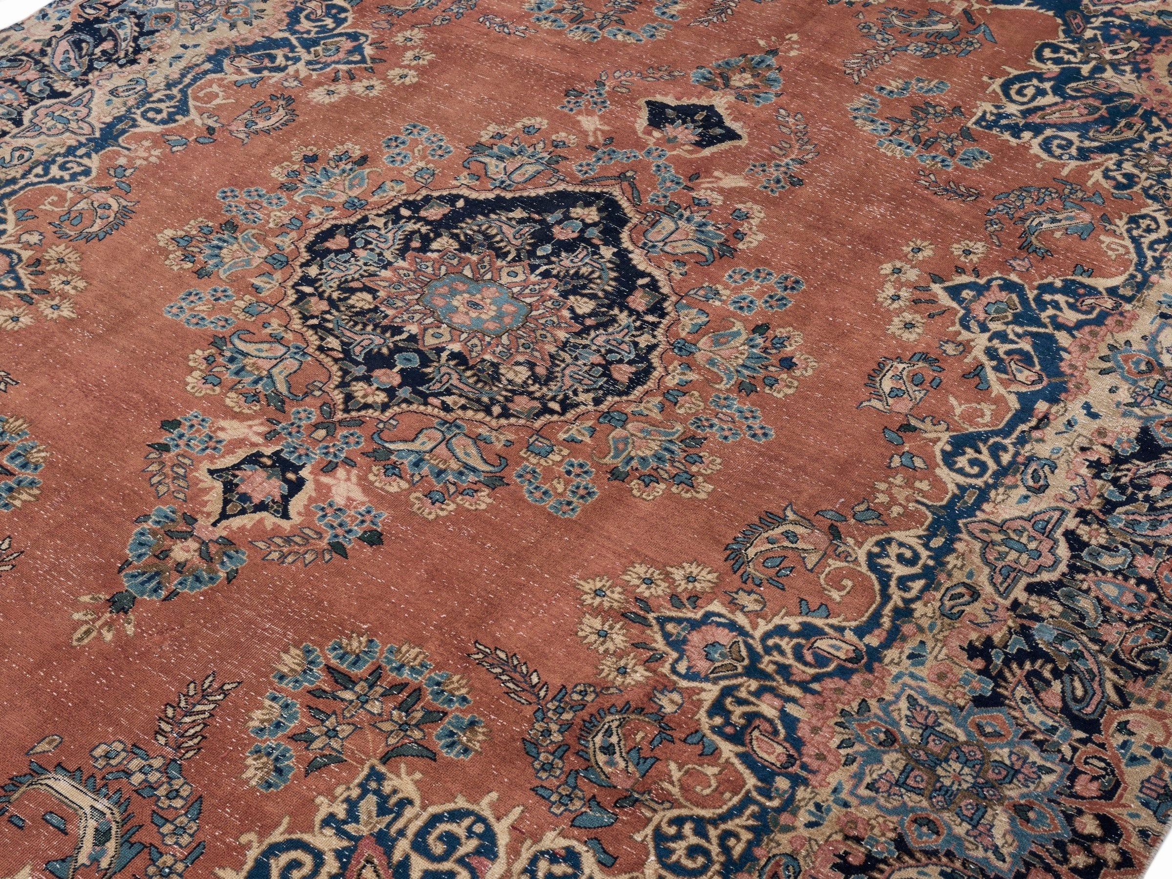 Persian Kerman oversized rug in terracotta and navy, view 5 of 15