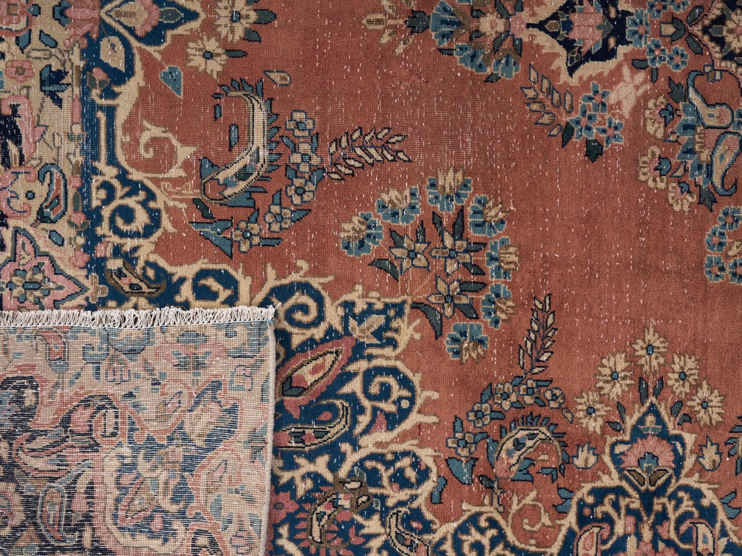 Persian Kerman oversized rug in terracotta and navy, view 15 of 15