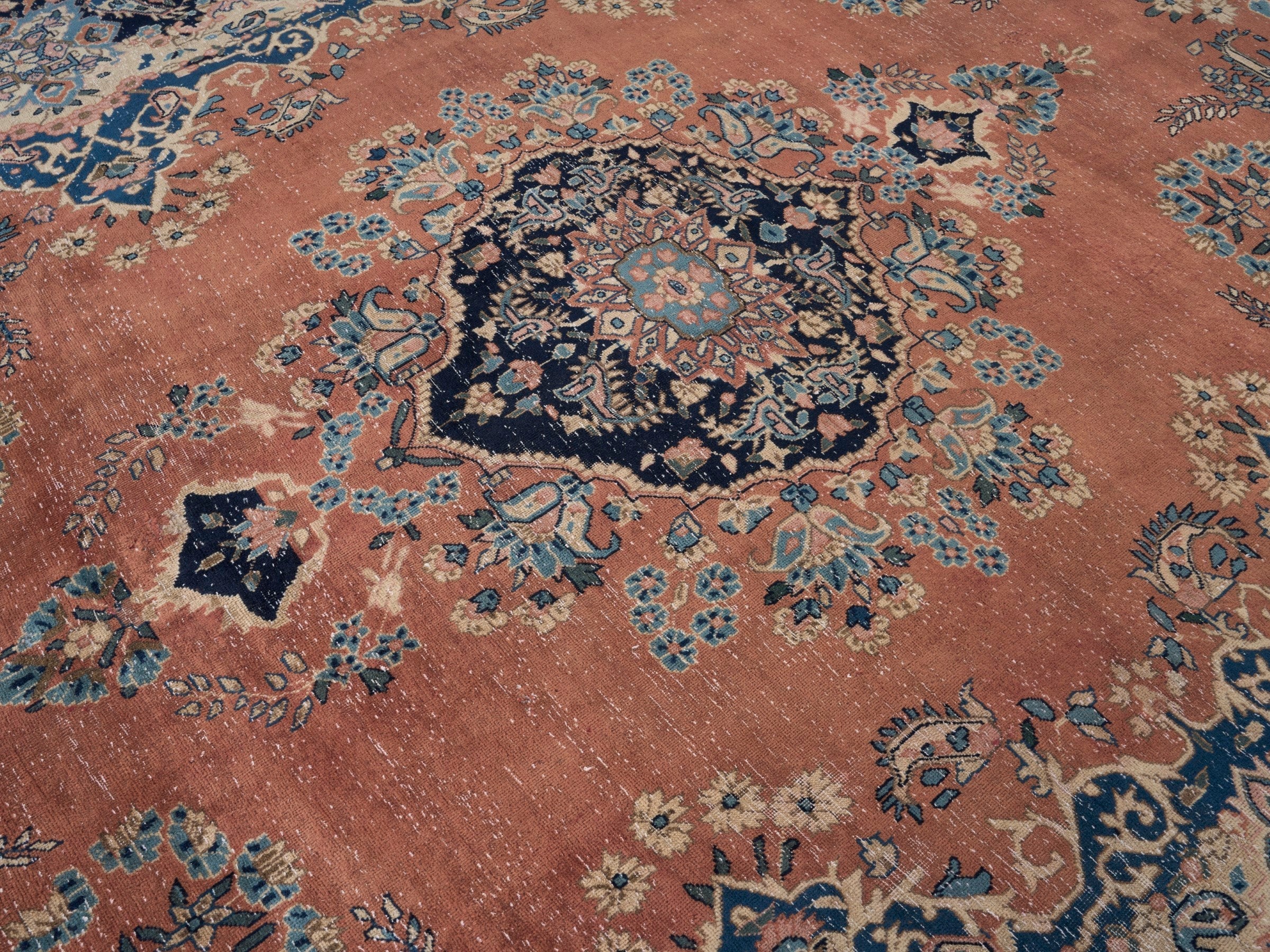 Persian Kerman oversized rug in terracotta and navy, view 13 of 15