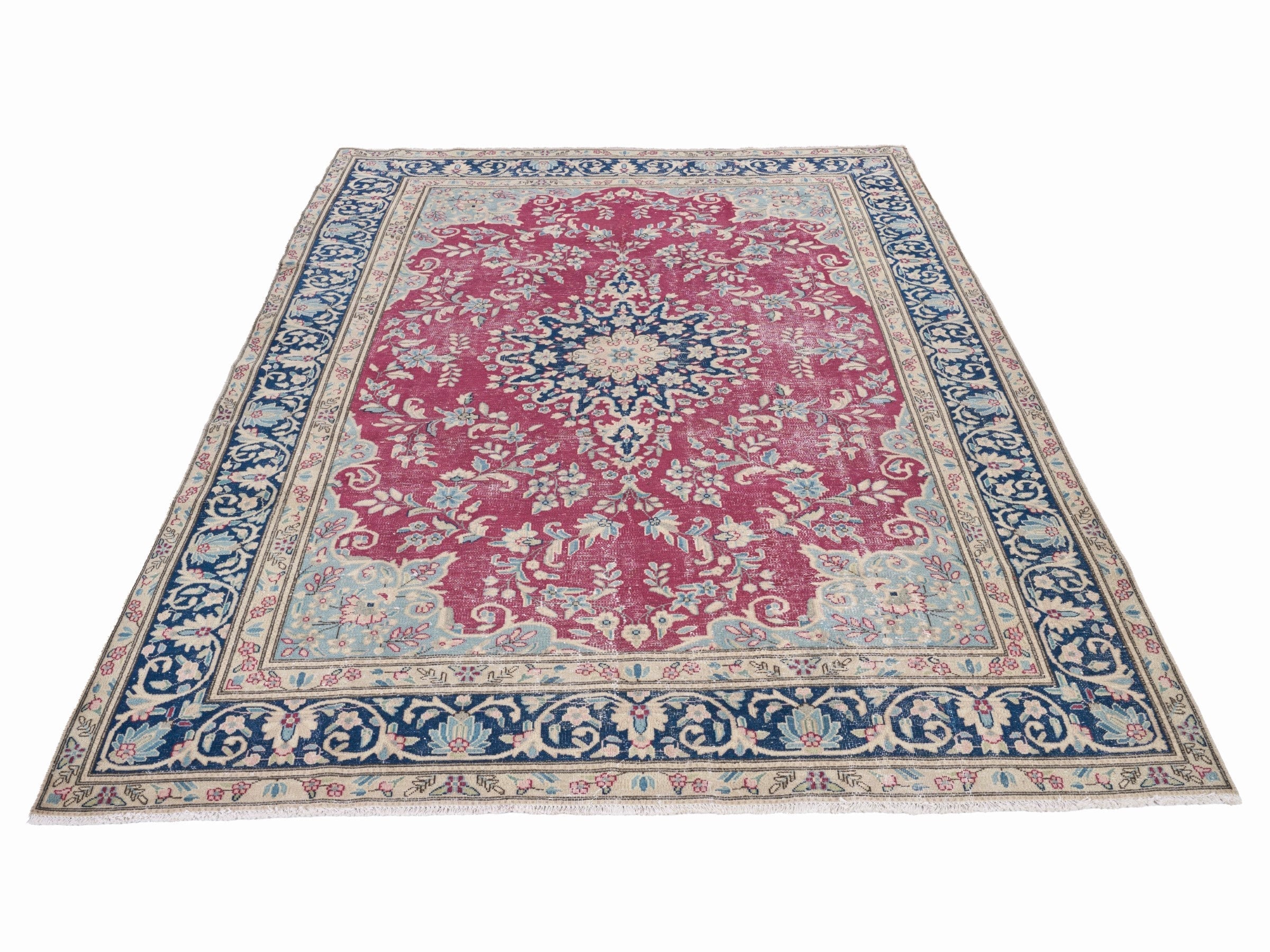Persian Mashhad oversized rug in magenta and navy, view 2 of 15