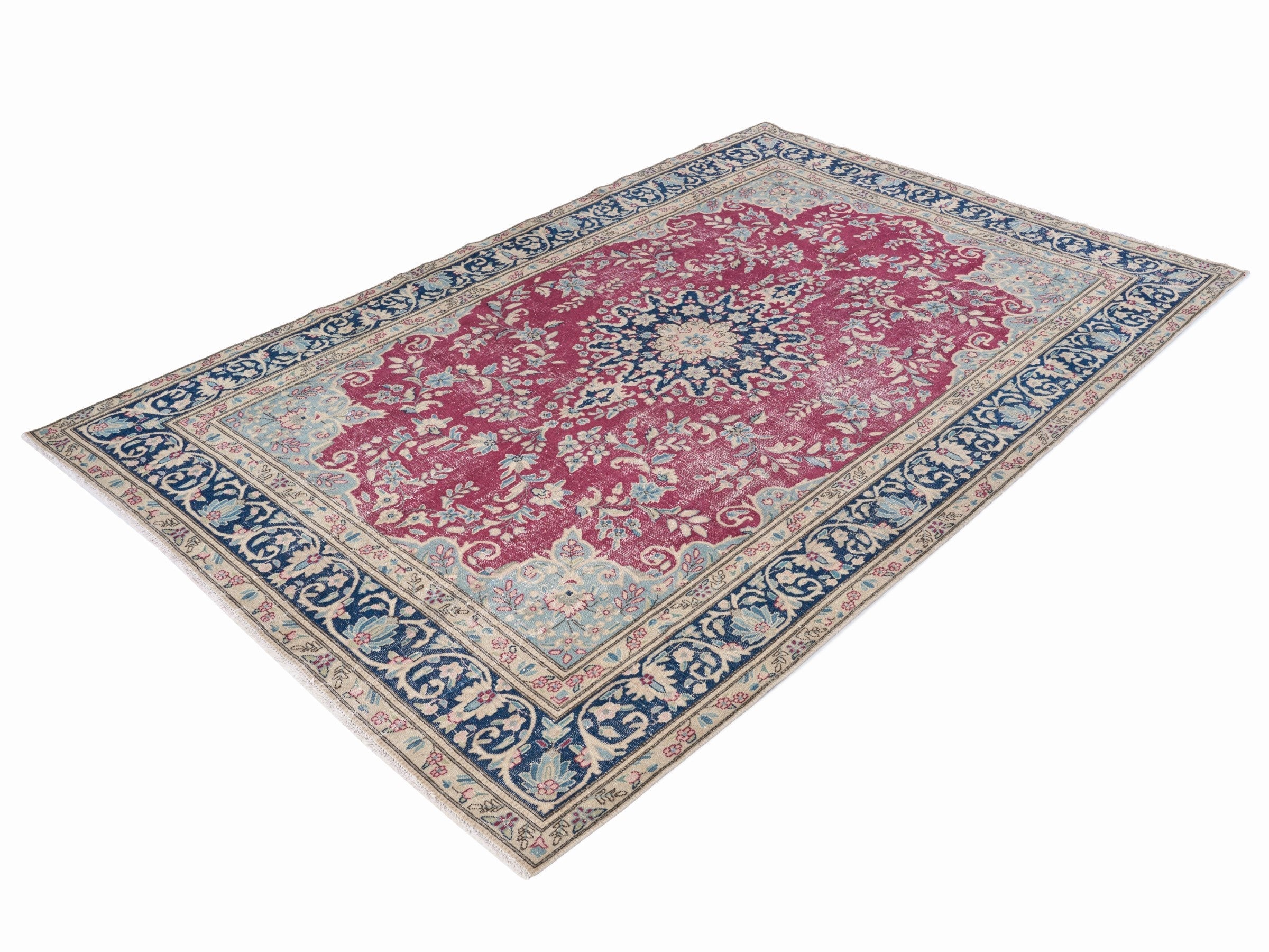 Persian Mashhad oversized rug in magenta and navy, view 3 of 15