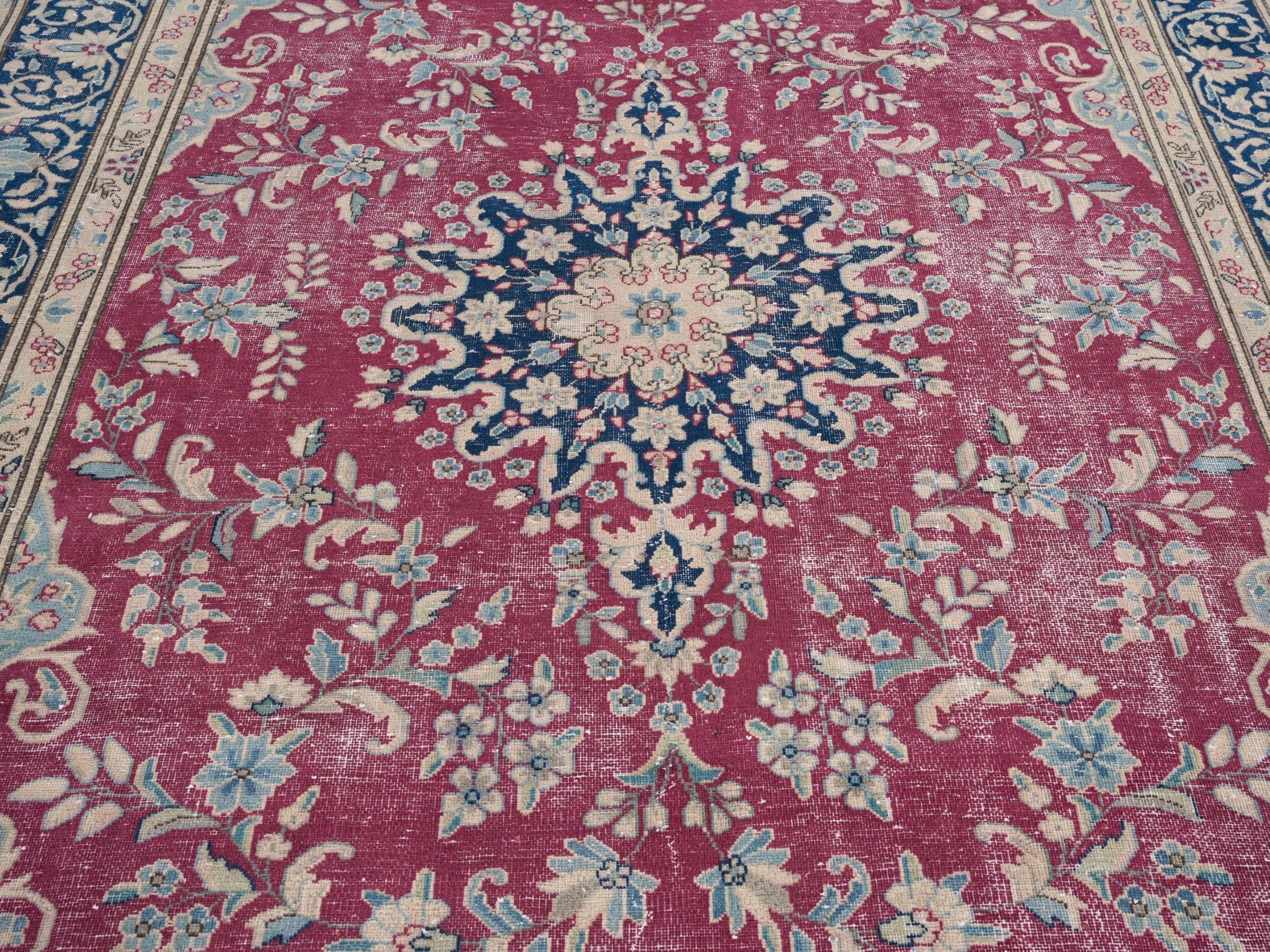 Persian Mashhad oversized rug in magenta and navy, view 4 of 15