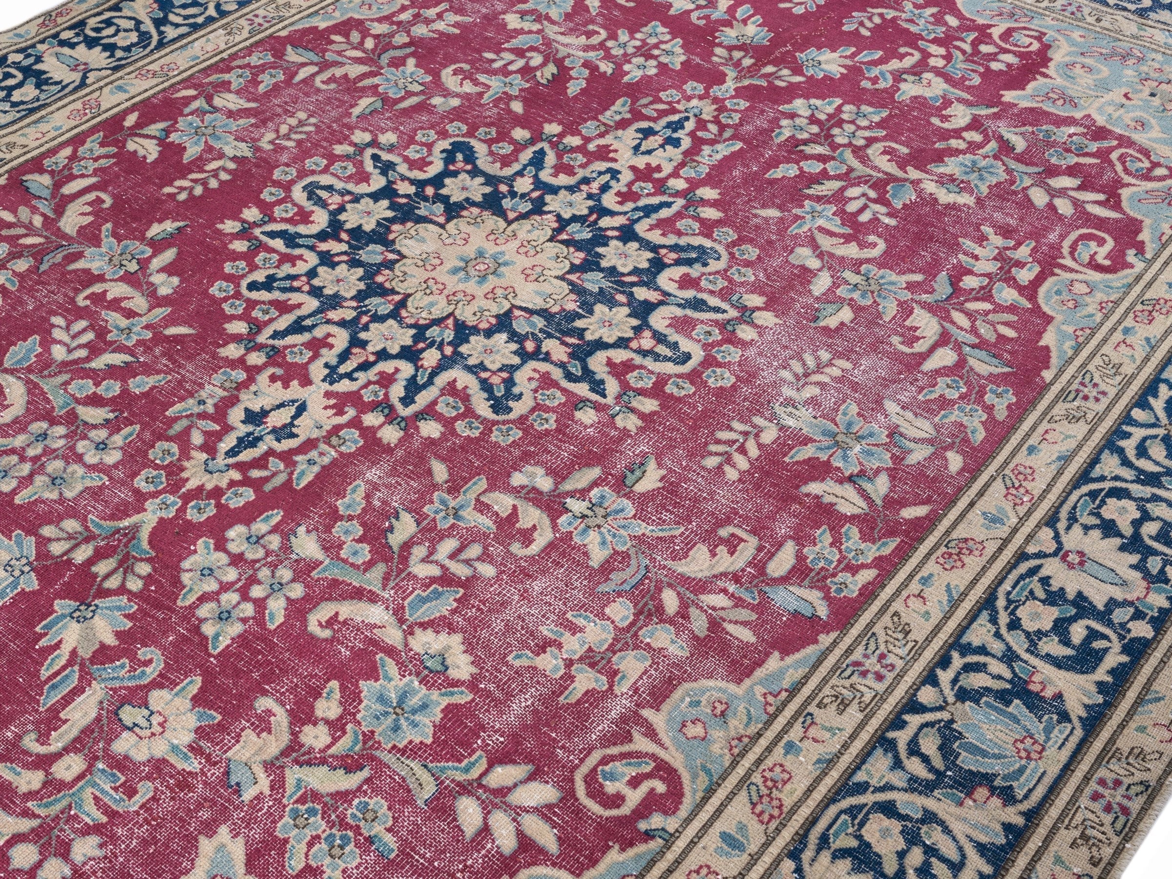 Persian Mashhad oversized rug in magenta and navy, view 5 of 15