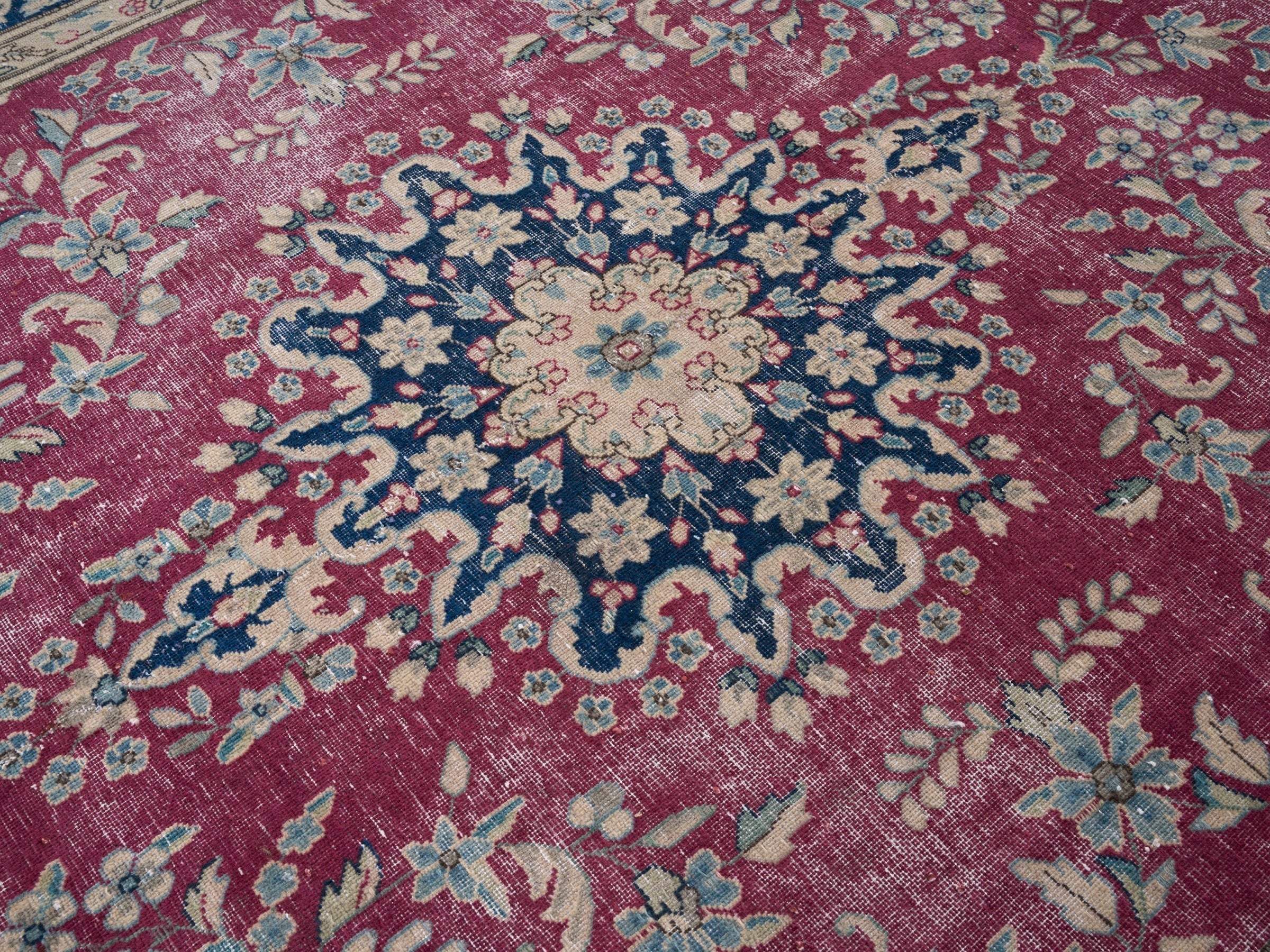 Persian Mashhad oversized rug in magenta and navy, view 12 of 15