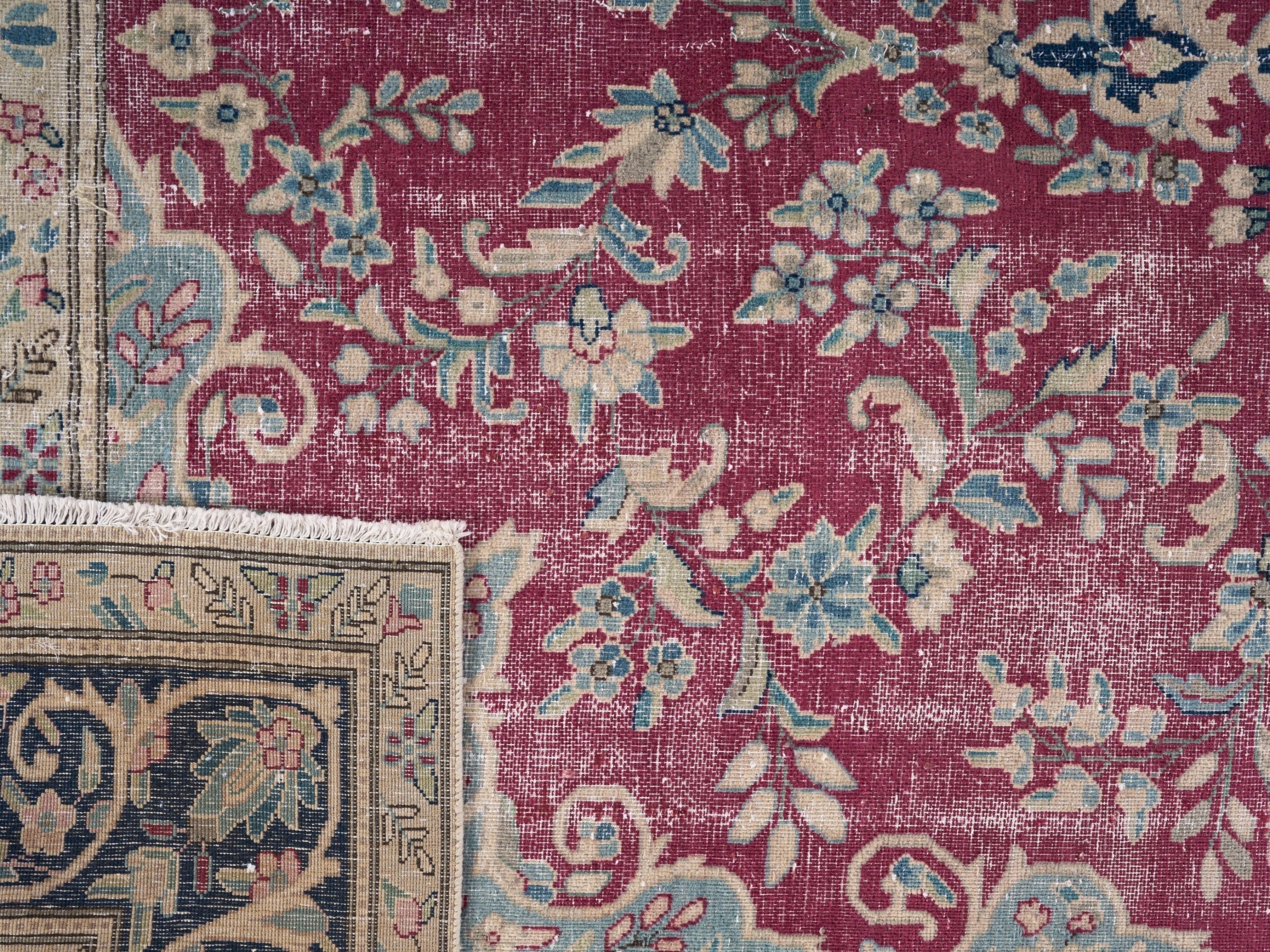 Persian Mashhad oversized rug in magenta and navy, view 15 of 15