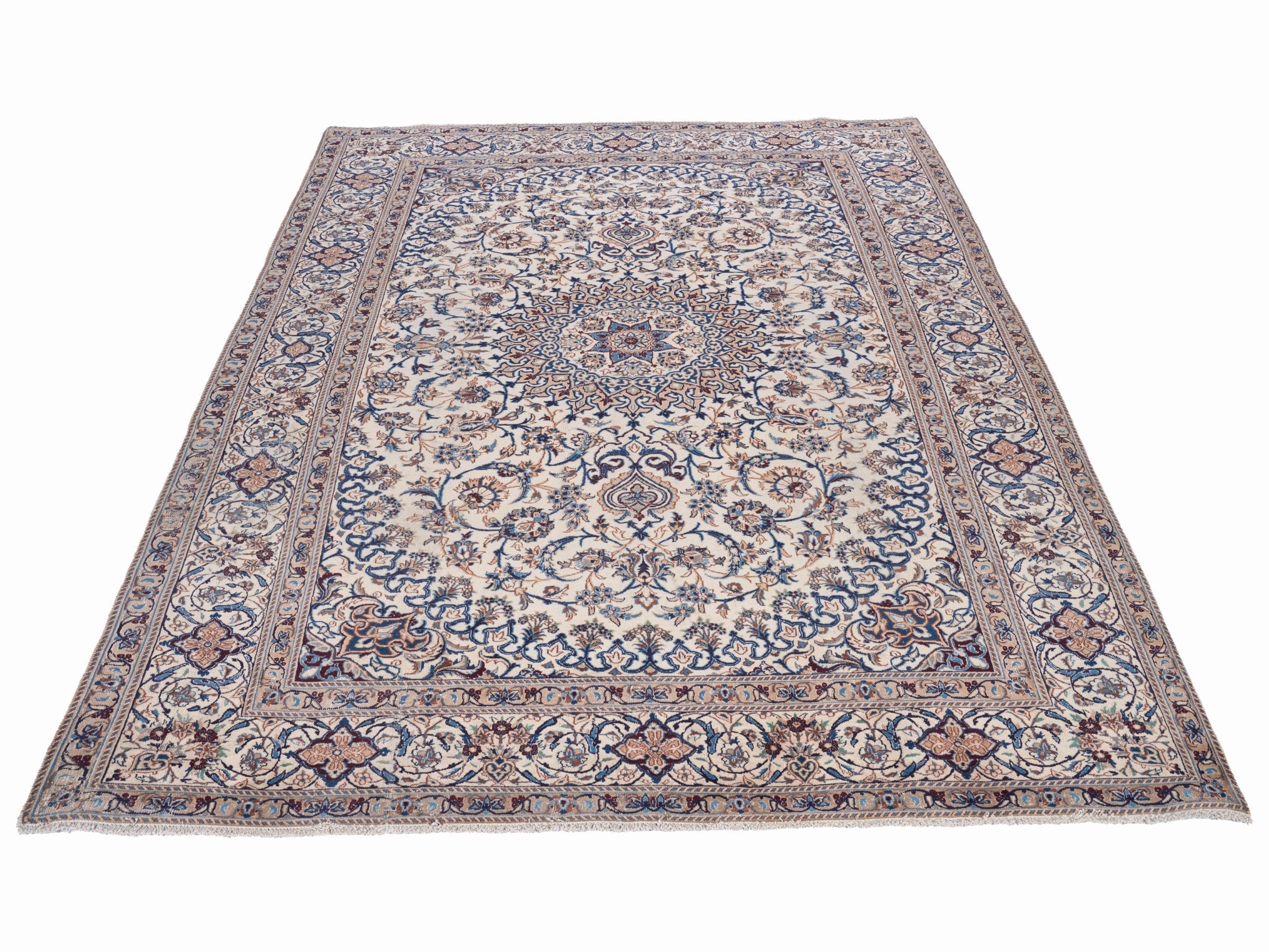 Persian Kashan oversized rug in ivory and dark blue, view 2 of 15