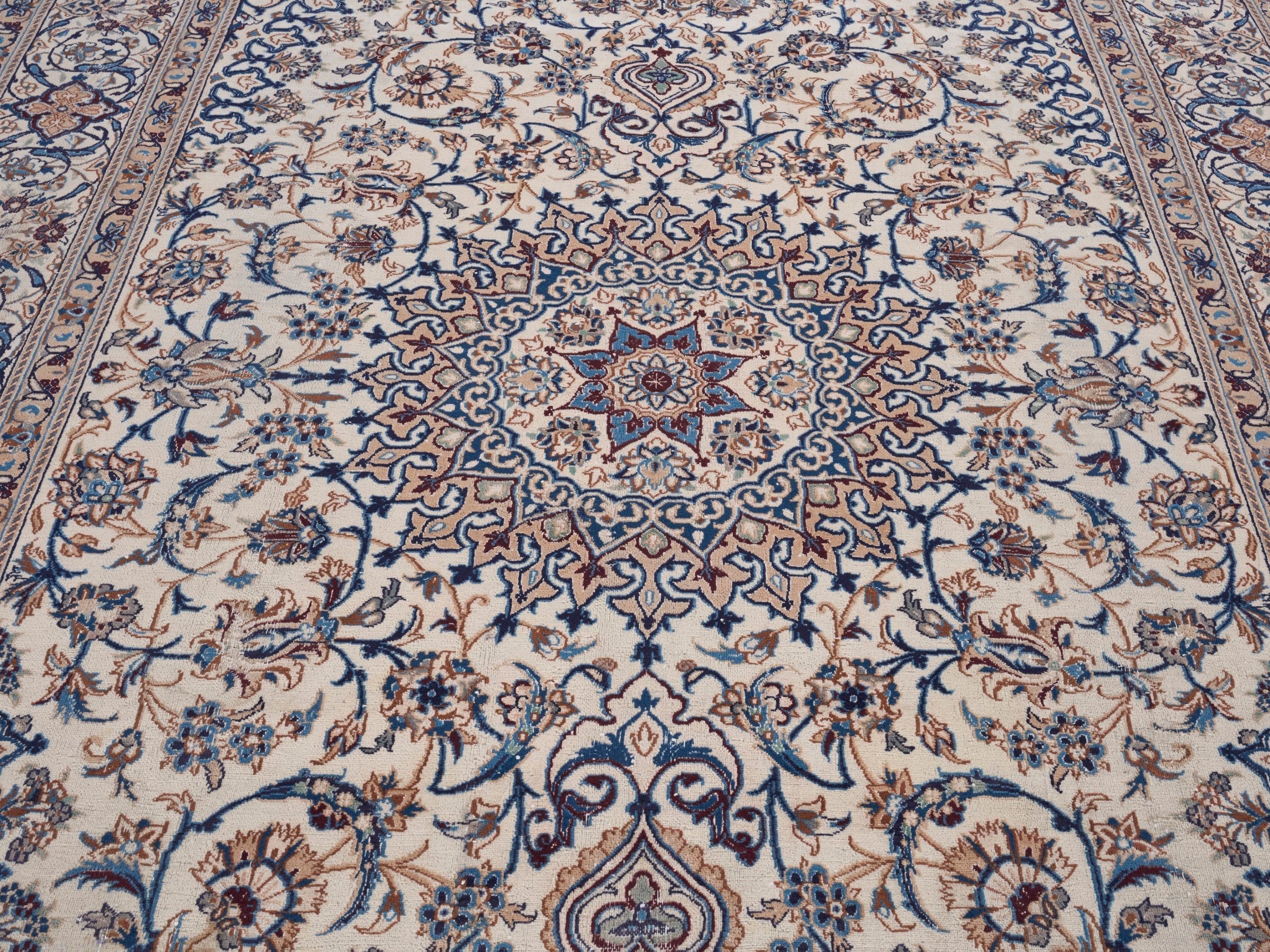 Persian Kashan oversized rug in ivory and dark blue, view 4 of 15