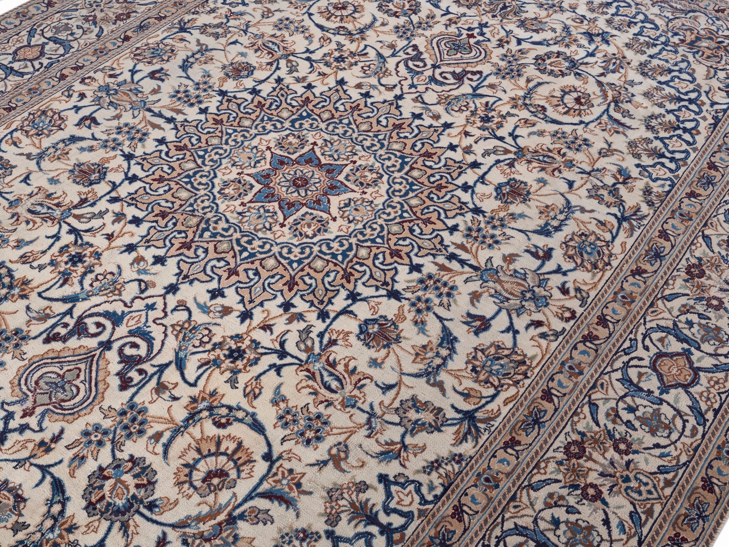 Persian Kashan oversized rug in ivory and dark blue, view 5 of 15