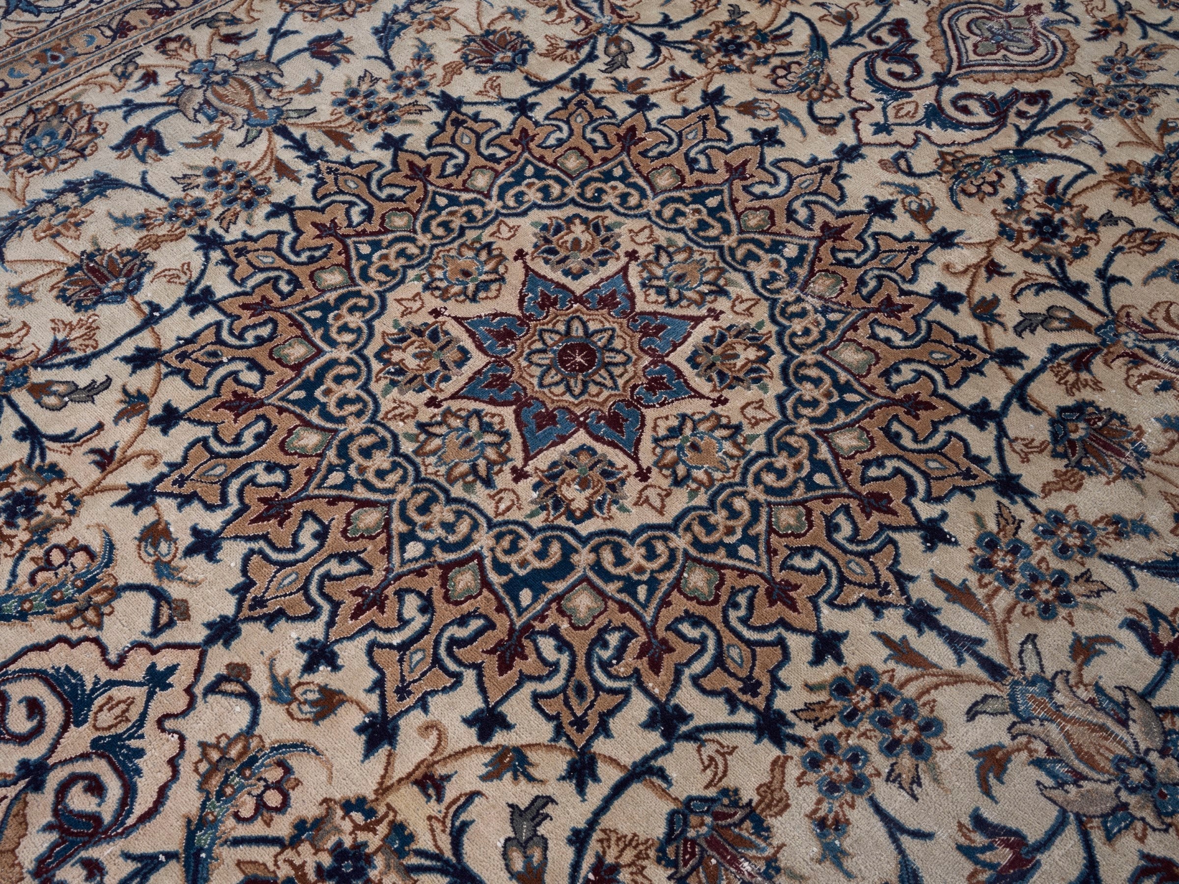 Persian Kashan oversized rug in ivory and dark blue, view 12 of 15