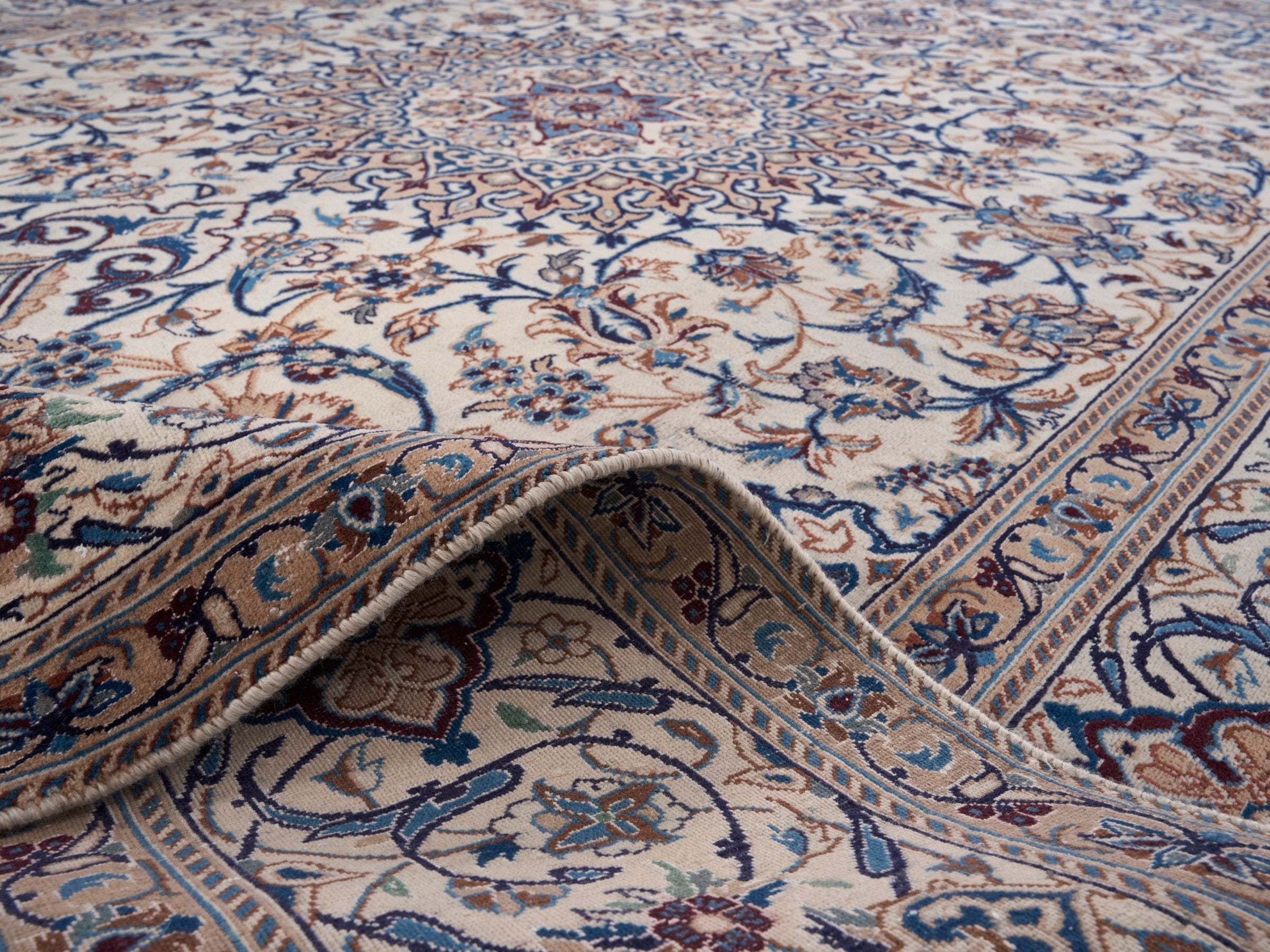 Persian Kashan oversized rug in ivory and dark blue, view 14 of 15