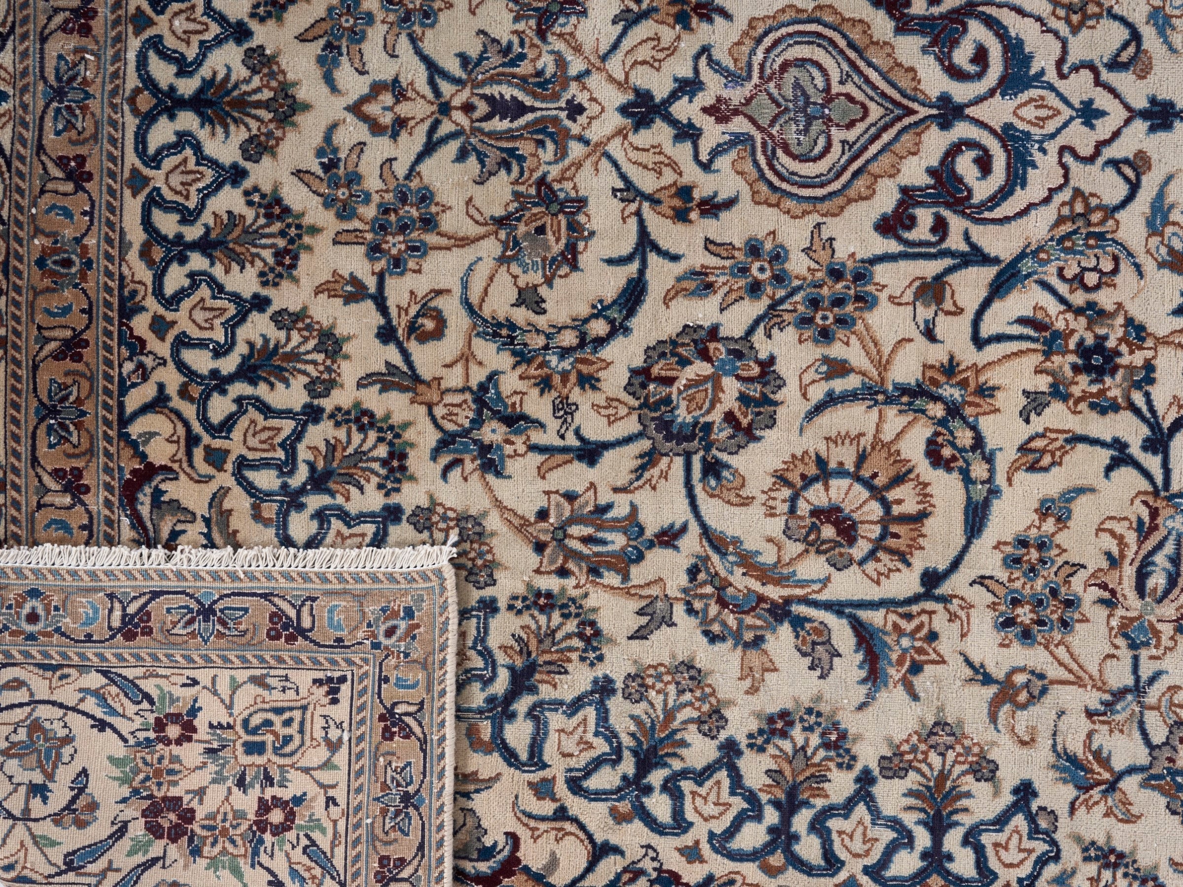 Persian Kashan oversized rug in ivory and dark blue, view 15 of 15