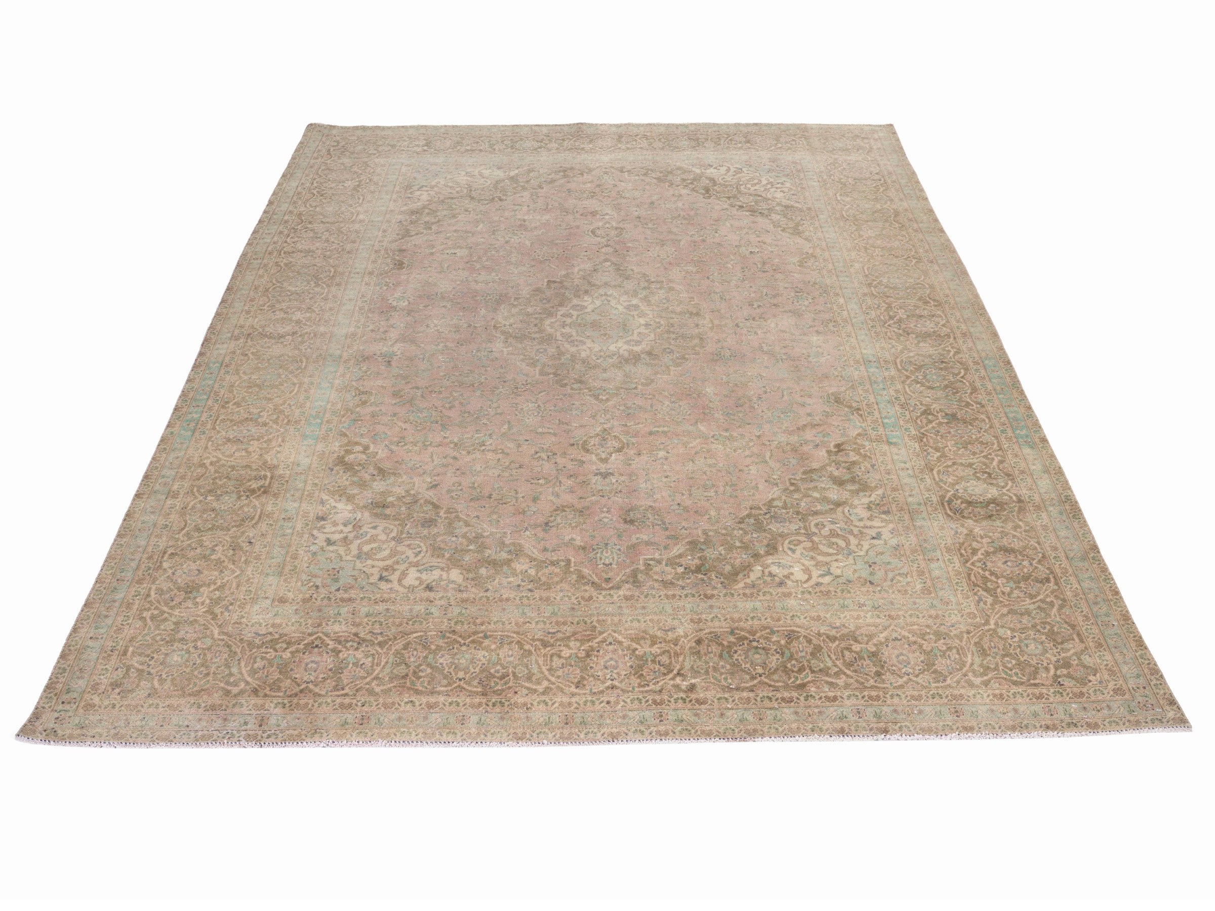 Persian Kashan oversized rug in muted pink and khaki, view 2 of 15