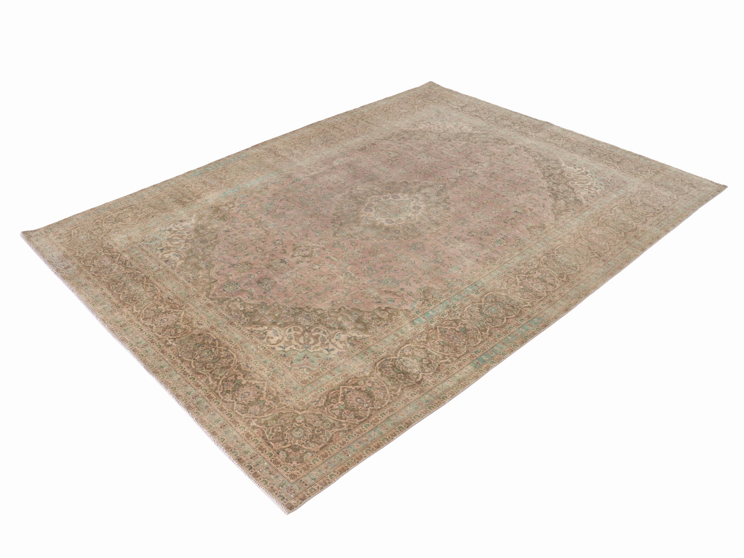 Persian Kashan oversized rug in muted pink and khaki, view 3 of 15