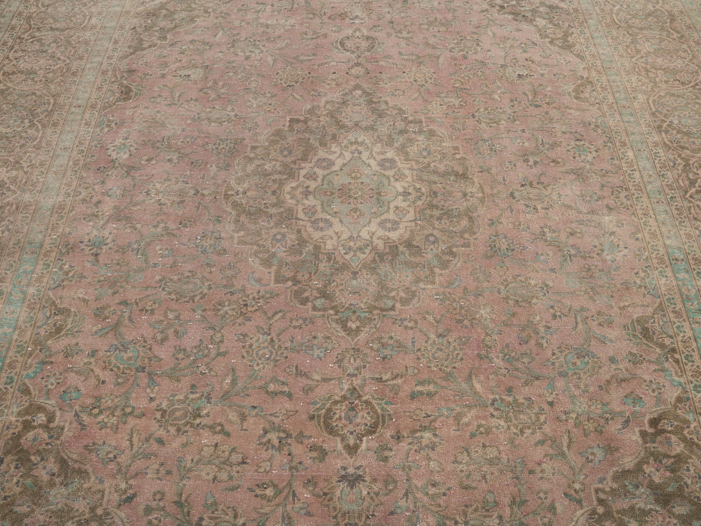 Persian Kashan oversized rug in muted pink and khaki, view 4 of 15