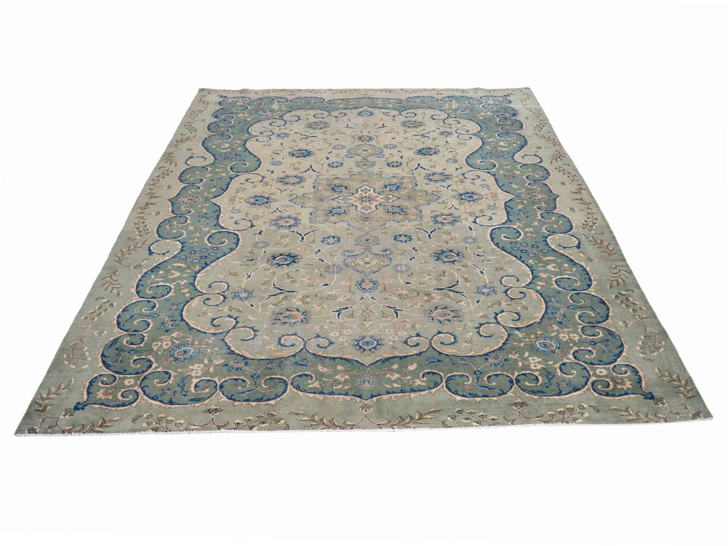 Persian Kashan oversized rug in cream and teal, view 2 of 15