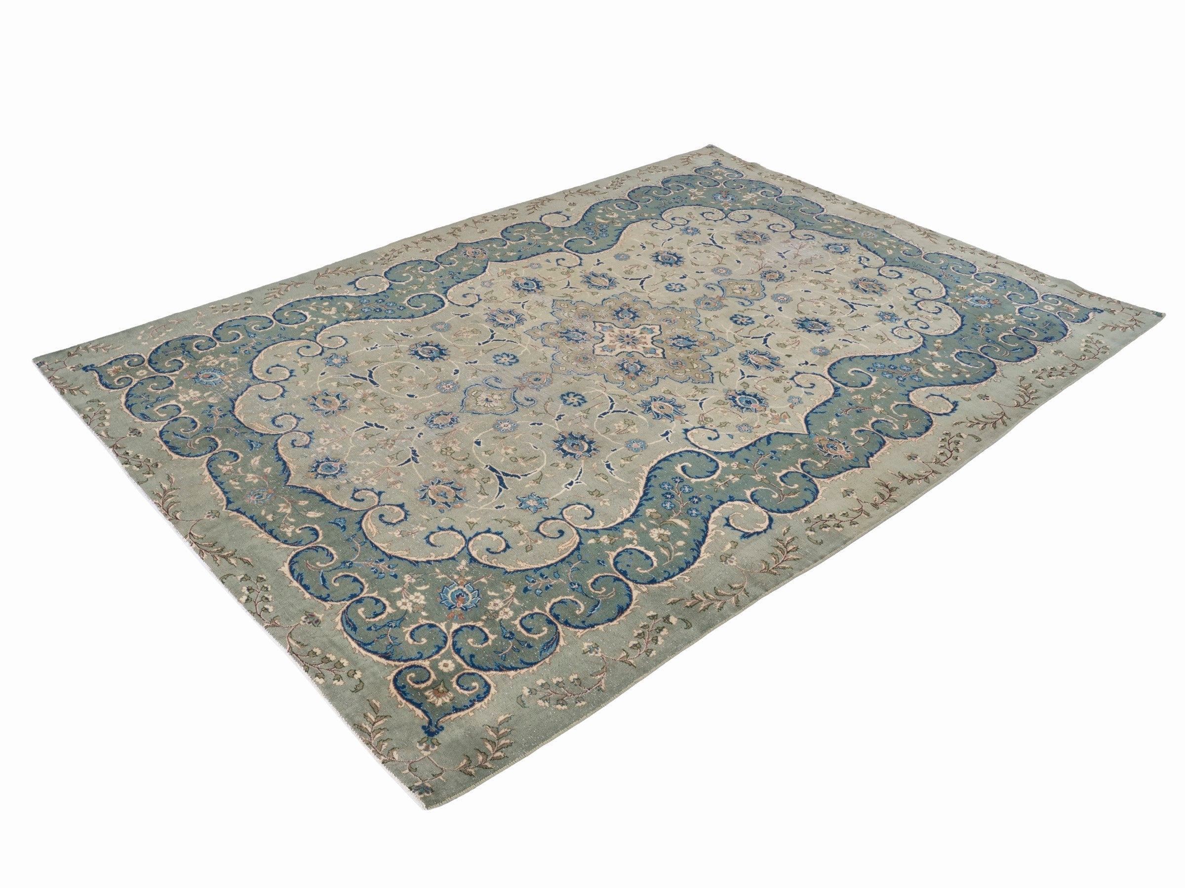 Persian Kashan oversized rug in cream and teal, view 3 of 15