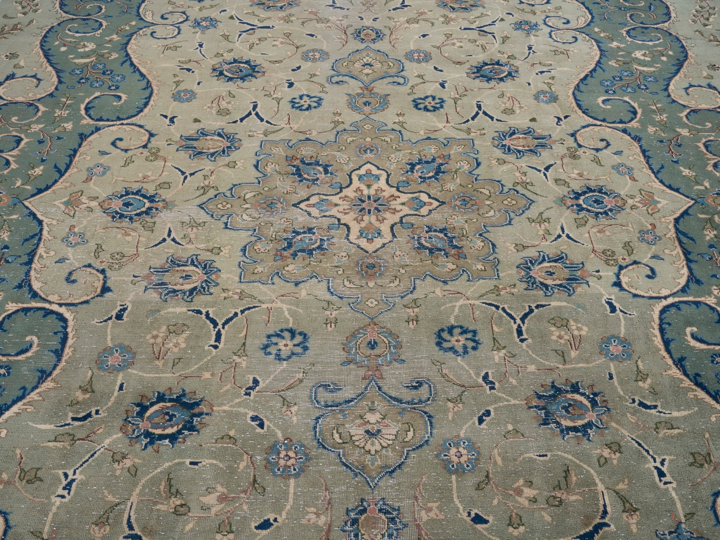 Persian Kashan oversized rug in cream and teal, view 4 of 15