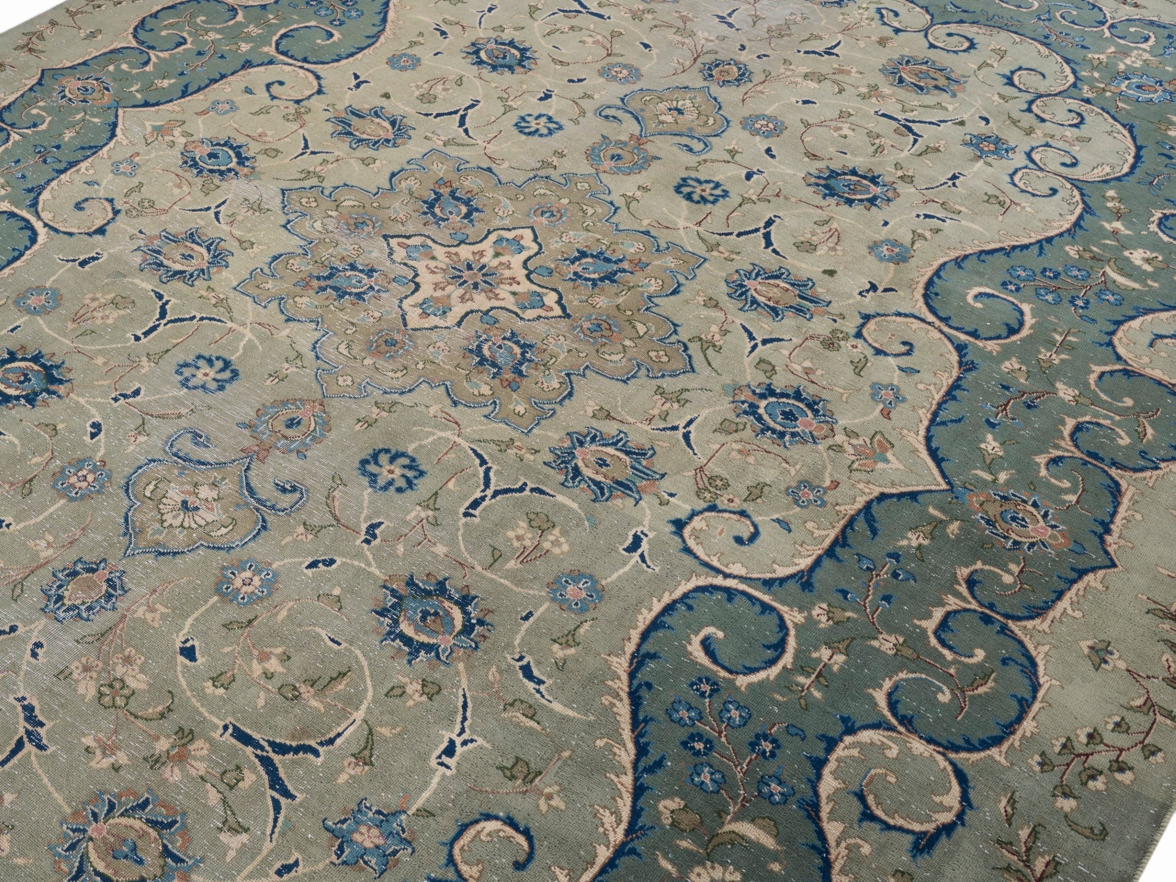Persian Kashan oversized rug in cream and teal, view 5 of 15