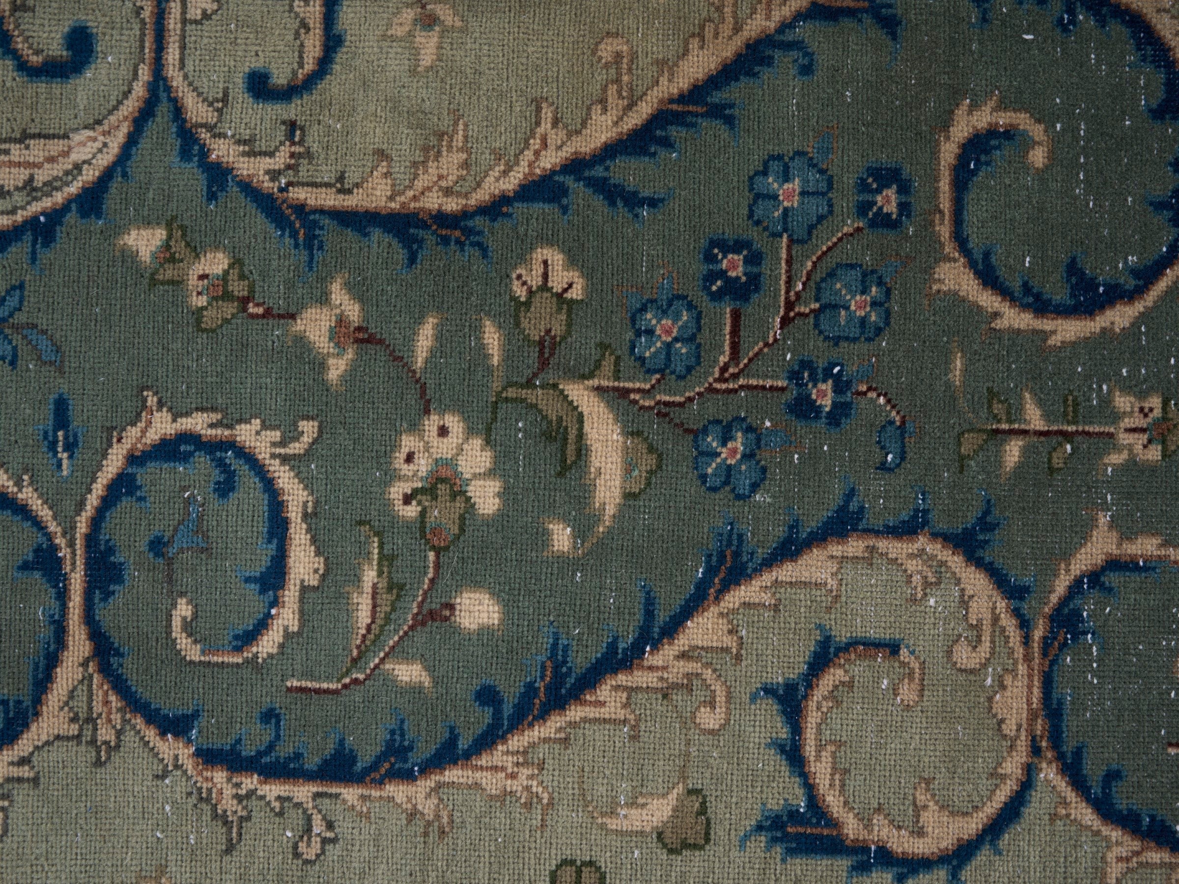 Persian Kashan oversized rug in cream and teal, view 9 of 15