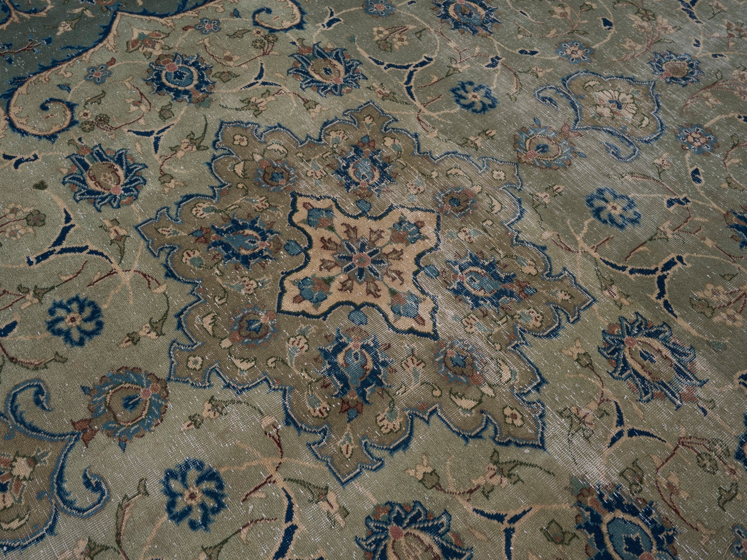 Persian Kashan oversized rug in cream and teal, view 12 of 15