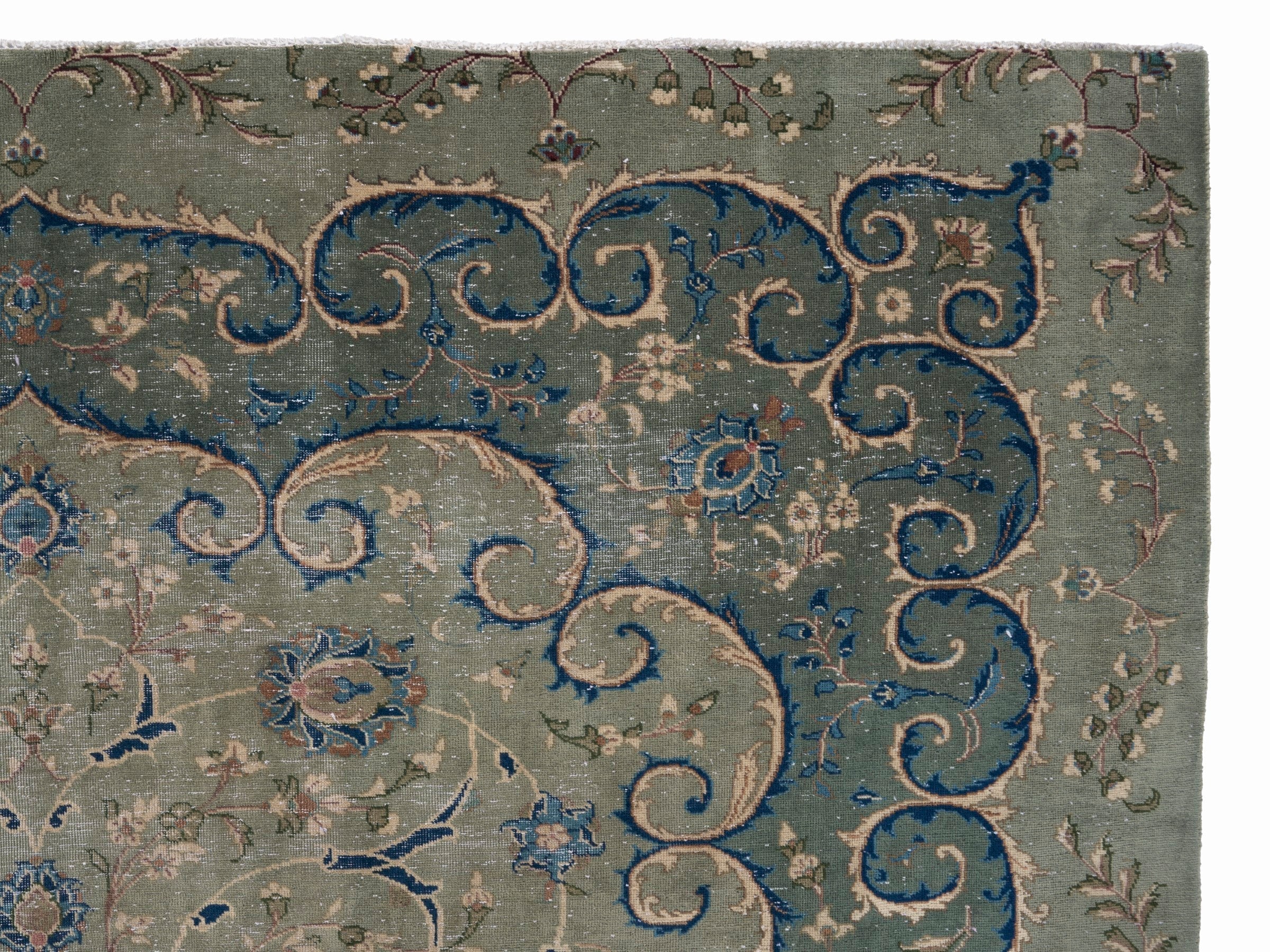 Persian Kashan oversized rug in cream and teal, view 13 of 15