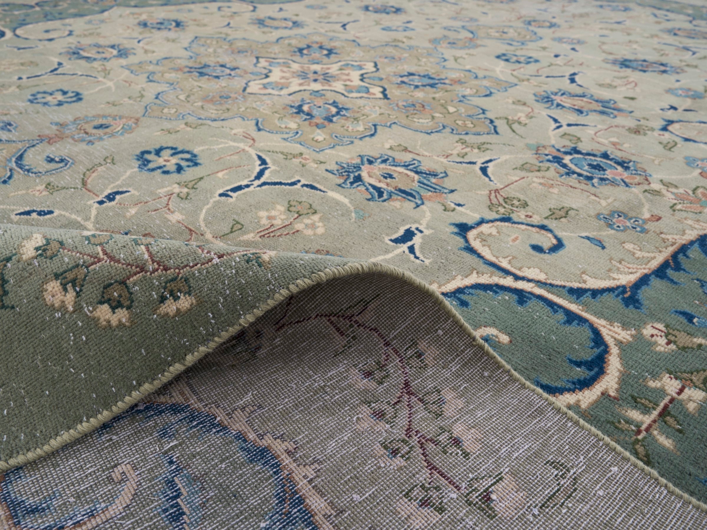 Persian Kashan oversized rug in cream and teal, view 14 of 15